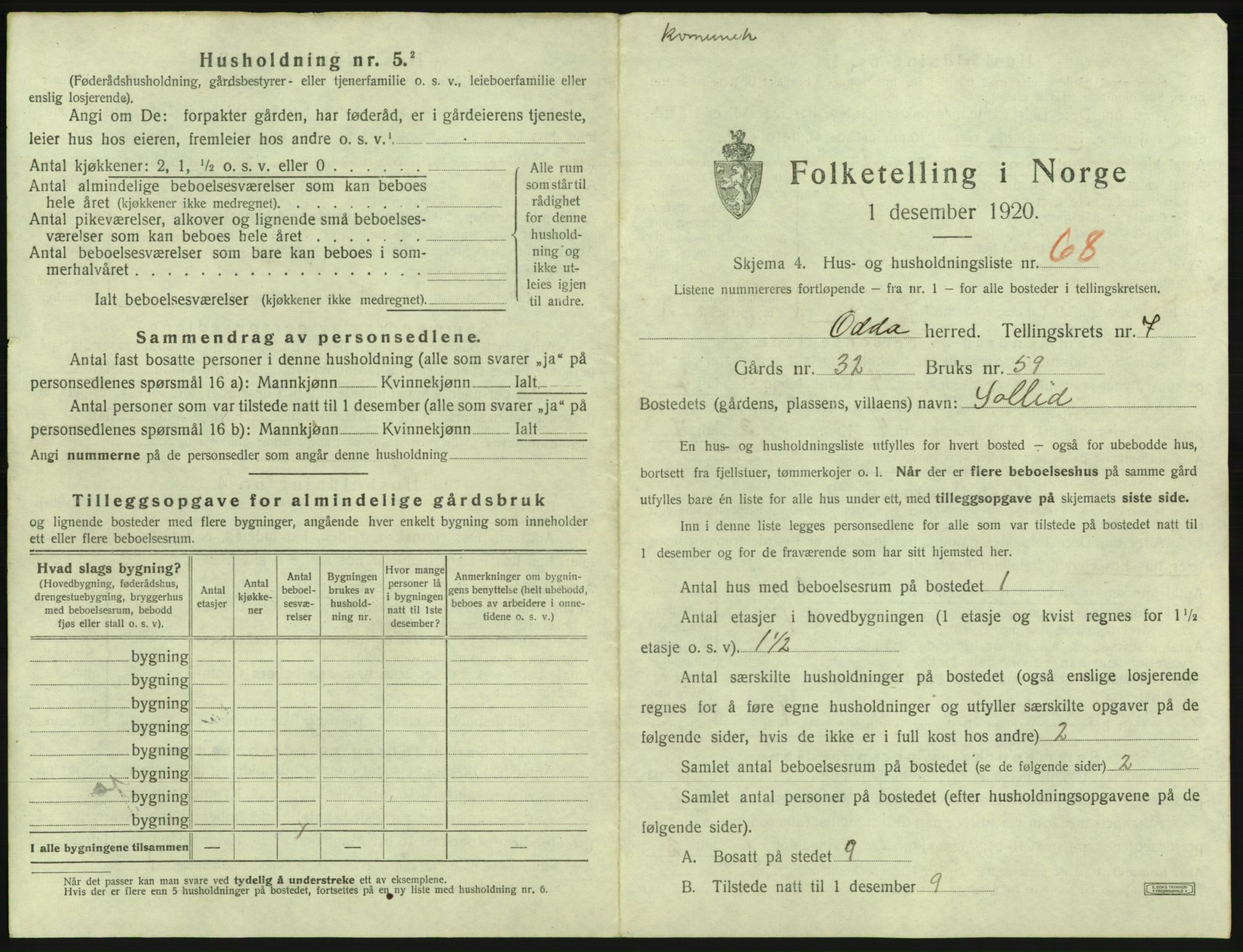 SAB, 1920 census for Odda, 1920, p. 647