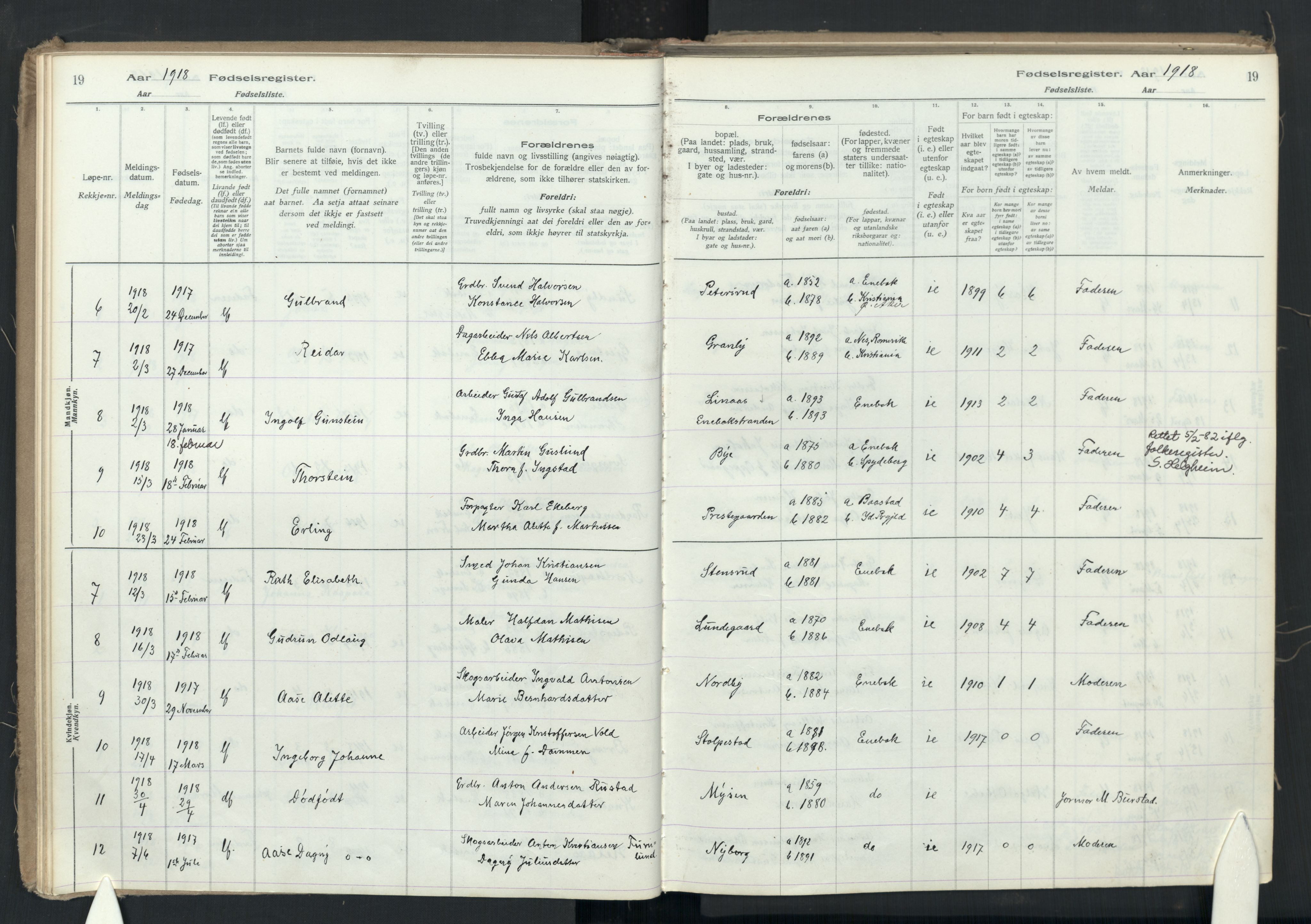 Enebakk prestekontor Kirkebøker, SAO/A-10171c/J/Ja: Birth register no. I 1, 1916-1948, p. 19