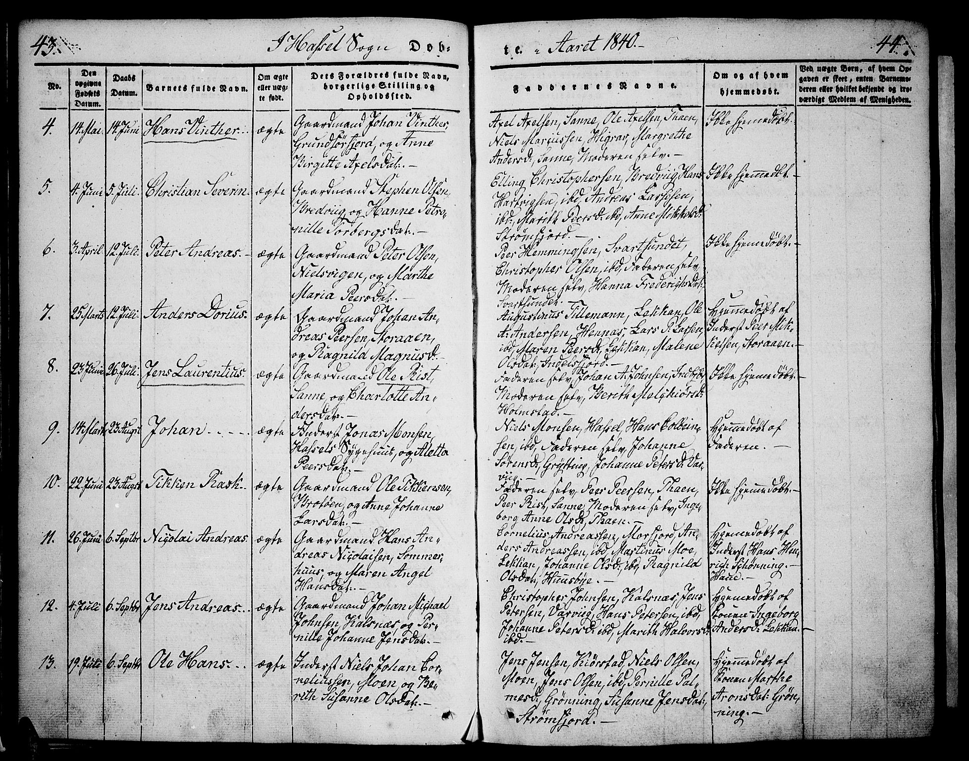 Ministerialprotokoller, klokkerbøker og fødselsregistre - Nordland, SAT/A-1459/888/L1239: Parish register (official) no. 888A06 /1, 1837-1849, p. 43-44