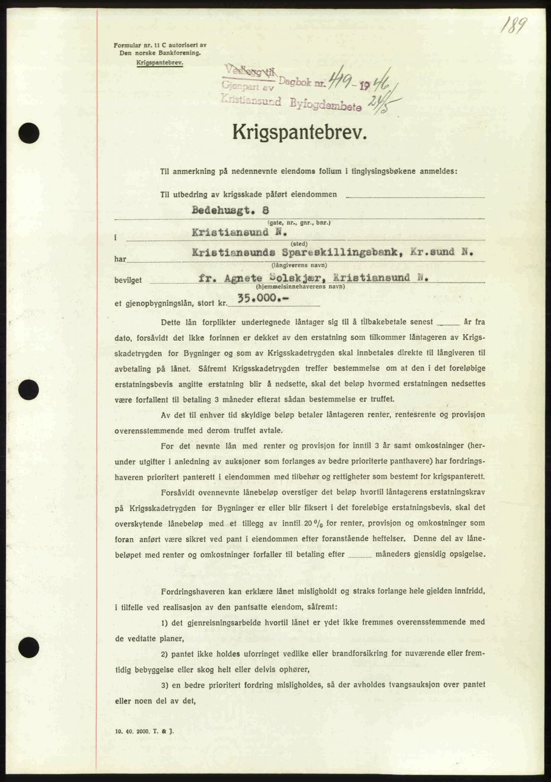 Kristiansund byfogd, AV/SAT-A-4587/A/27: Mortgage book no. 40, 1946-1946, Diary no: : 419/1946