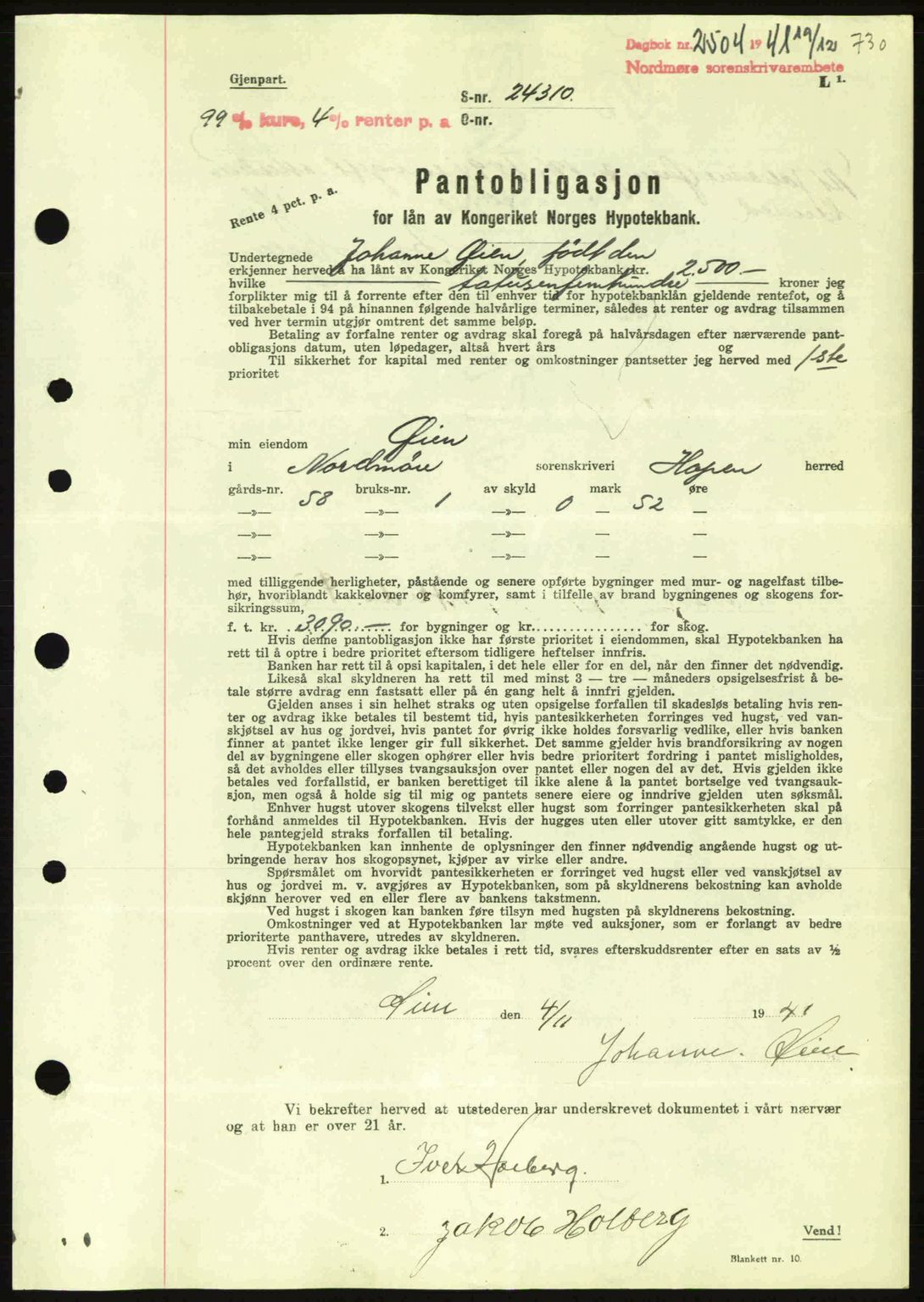 Nordmøre sorenskriveri, AV/SAT-A-4132/1/2/2Ca: Mortgage book no. B88, 1941-1942, Diary no: : 2504/1941