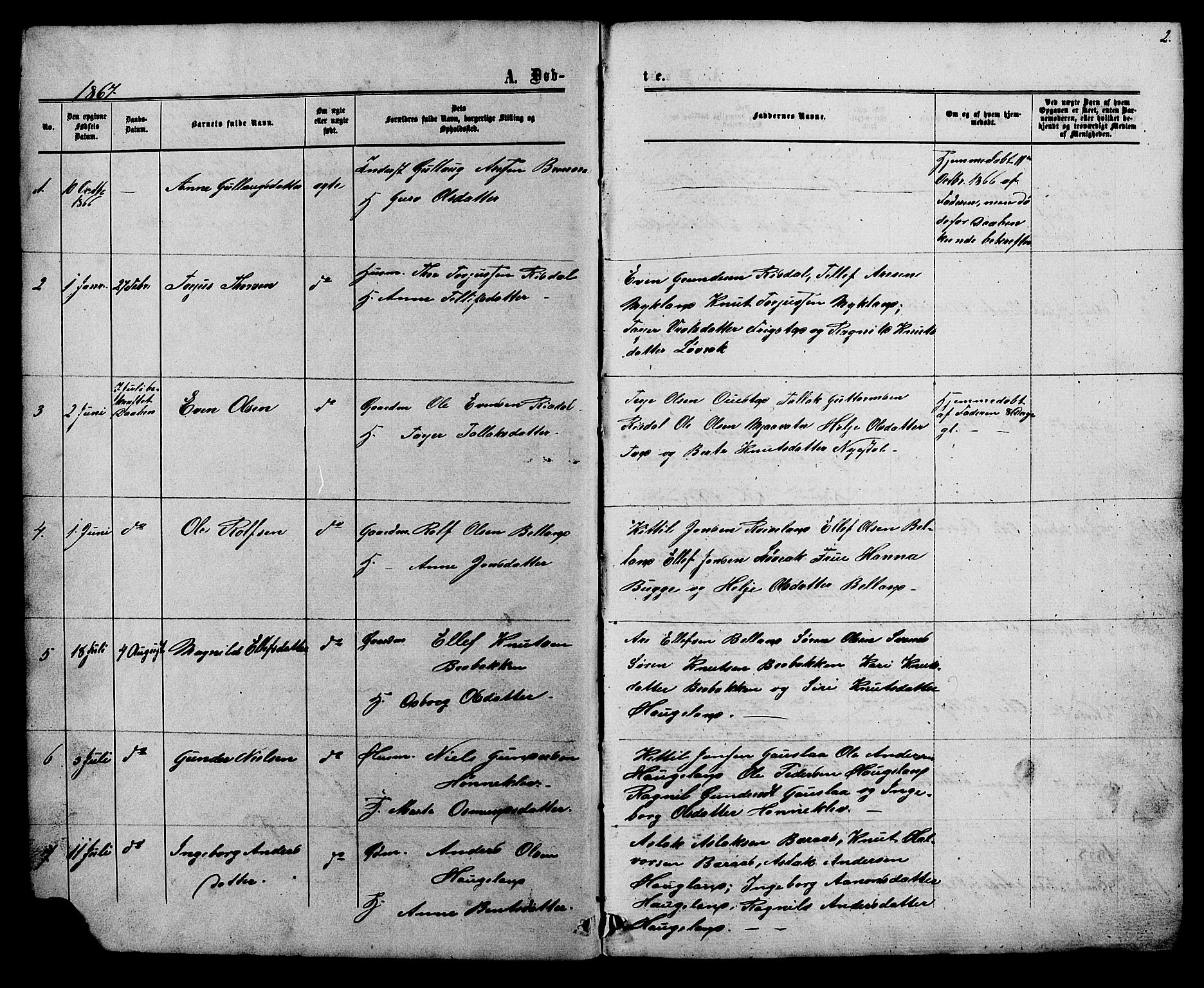 Herefoss sokneprestkontor, SAK/1111-0019/F/Fb/Fbc/L0002: Parish register (copy) no. B 2, 1867-1886, p. 2