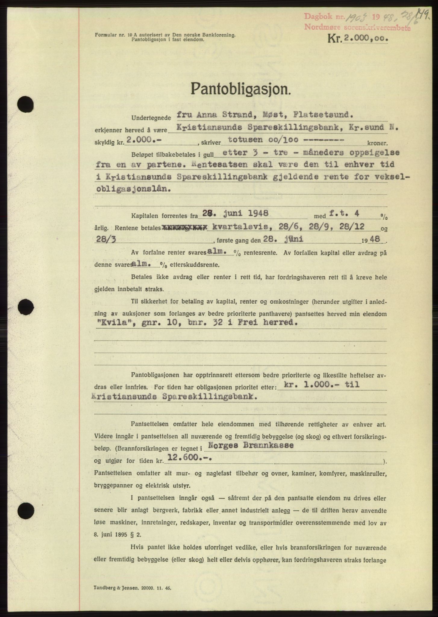 Nordmøre sorenskriveri, AV/SAT-A-4132/1/2/2Ca: Mortgage book no. B99, 1948-1948, Diary no: : 1903/1948