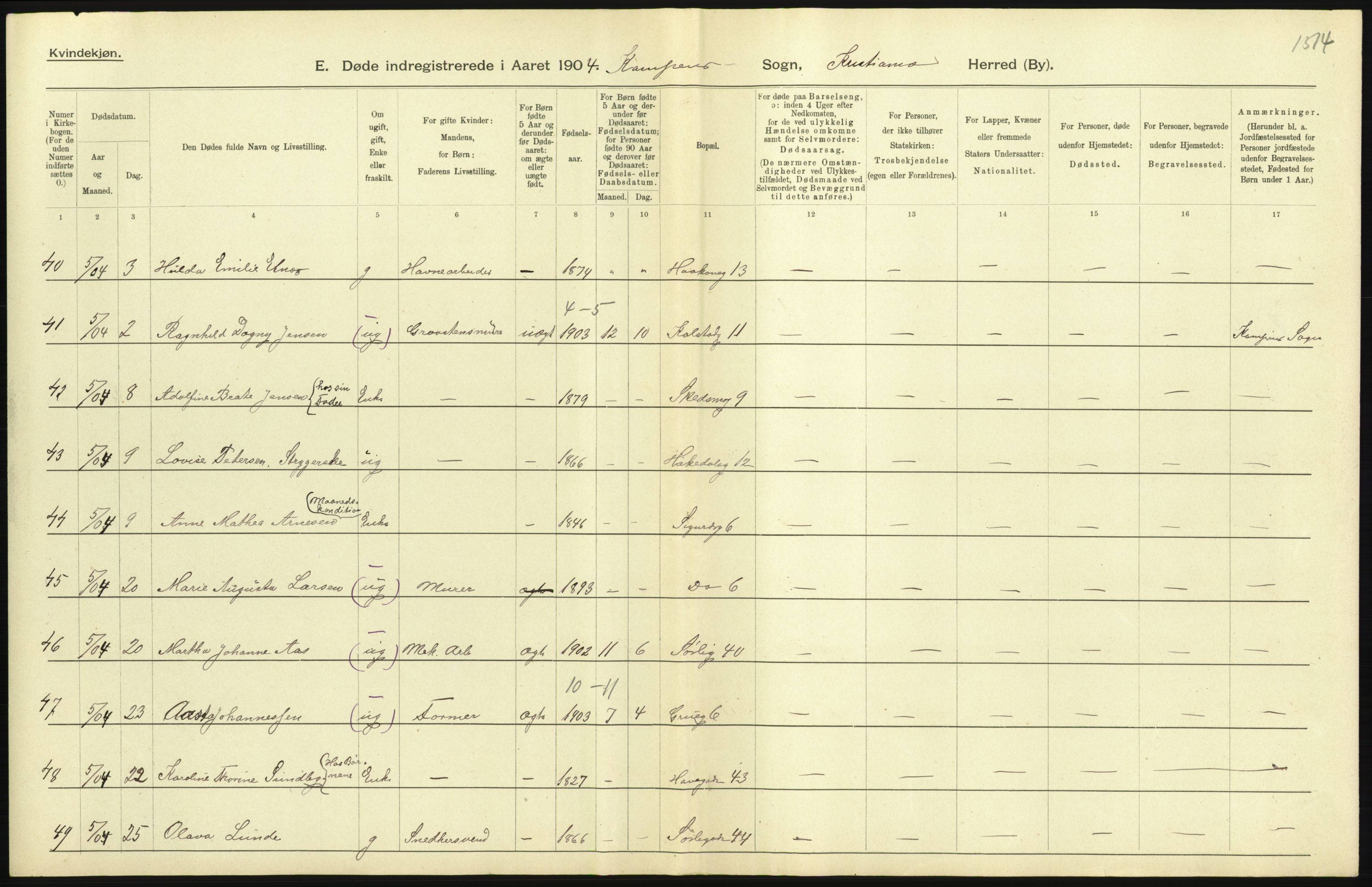 Statistisk sentralbyrå, Sosiodemografiske emner, Befolkning, AV/RA-S-2228/D/Df/Dfa/Dfab/L0004: Kristiania: Gifte, døde, 1904, p. 513