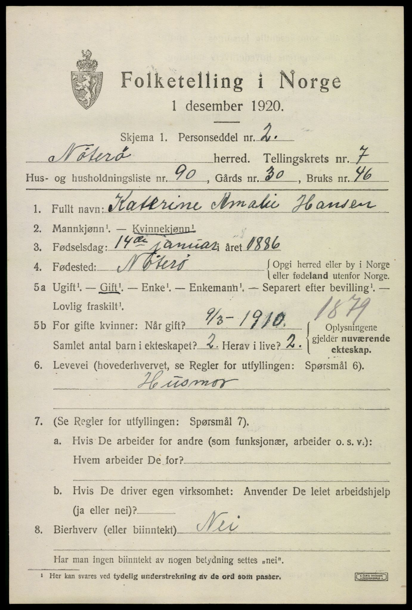 SAKO, 1920 census for Nøtterøy, 1920, p. 10401