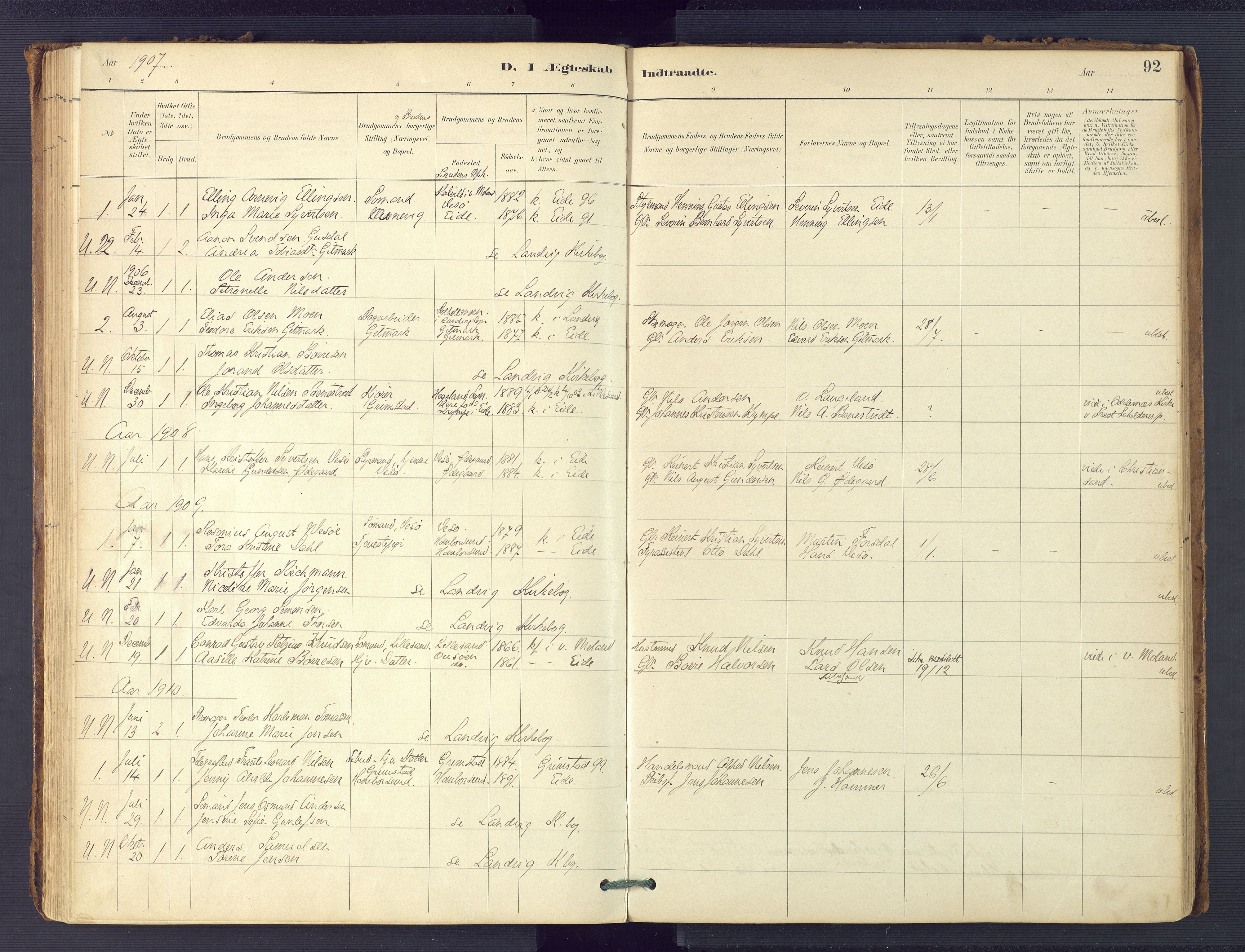 Hommedal sokneprestkontor, SAK/1111-0023/F/Fa/Faa/L0003: Parish register (official) no. A 3, 1885-1916, p. 92