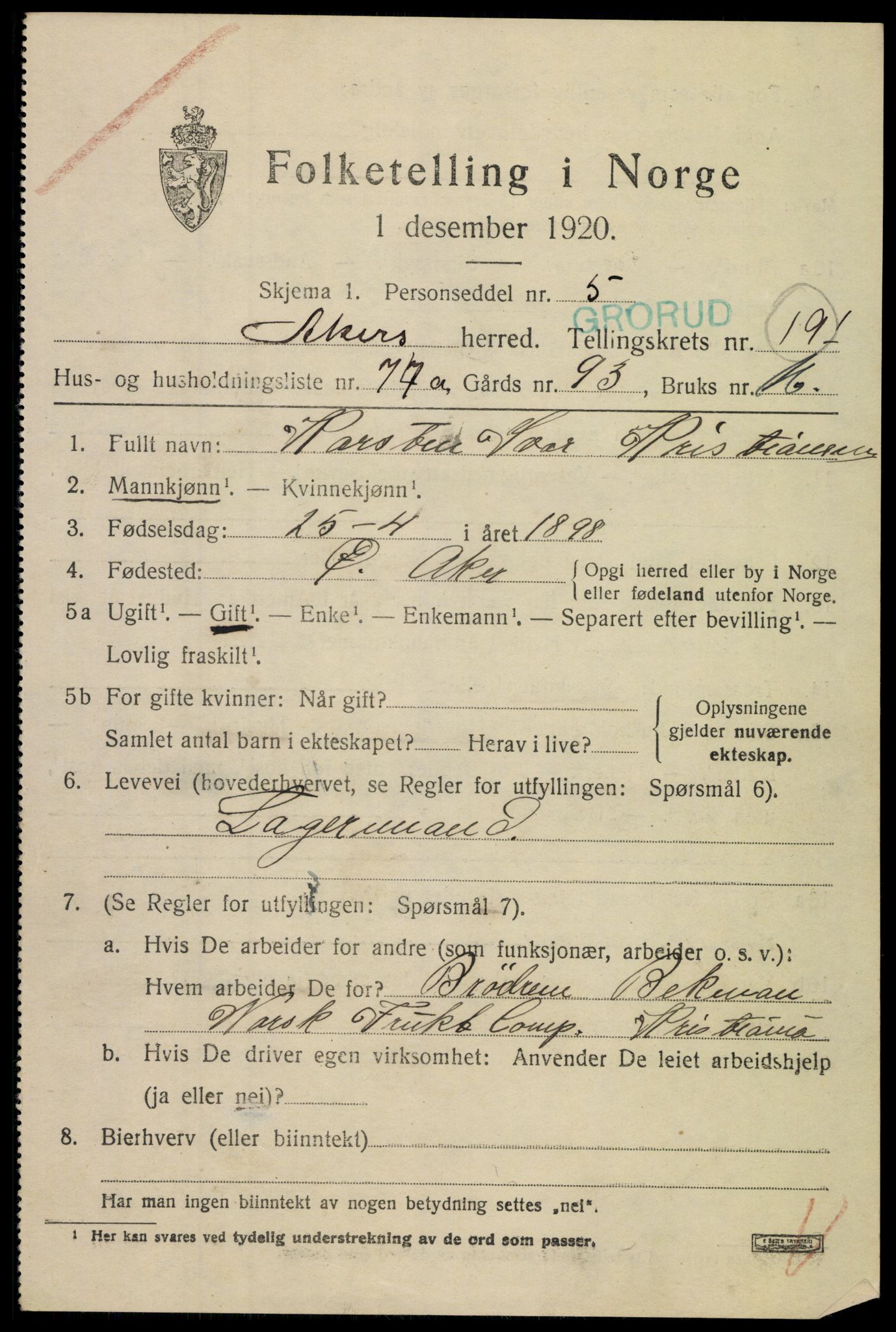 SAO, 1920 census for Aker, 1920, p. 122000