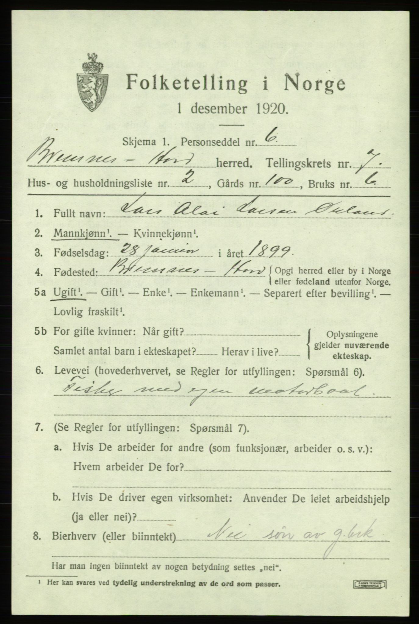 SAB, 1920 census for Bremnes, 1920, p. 4038
