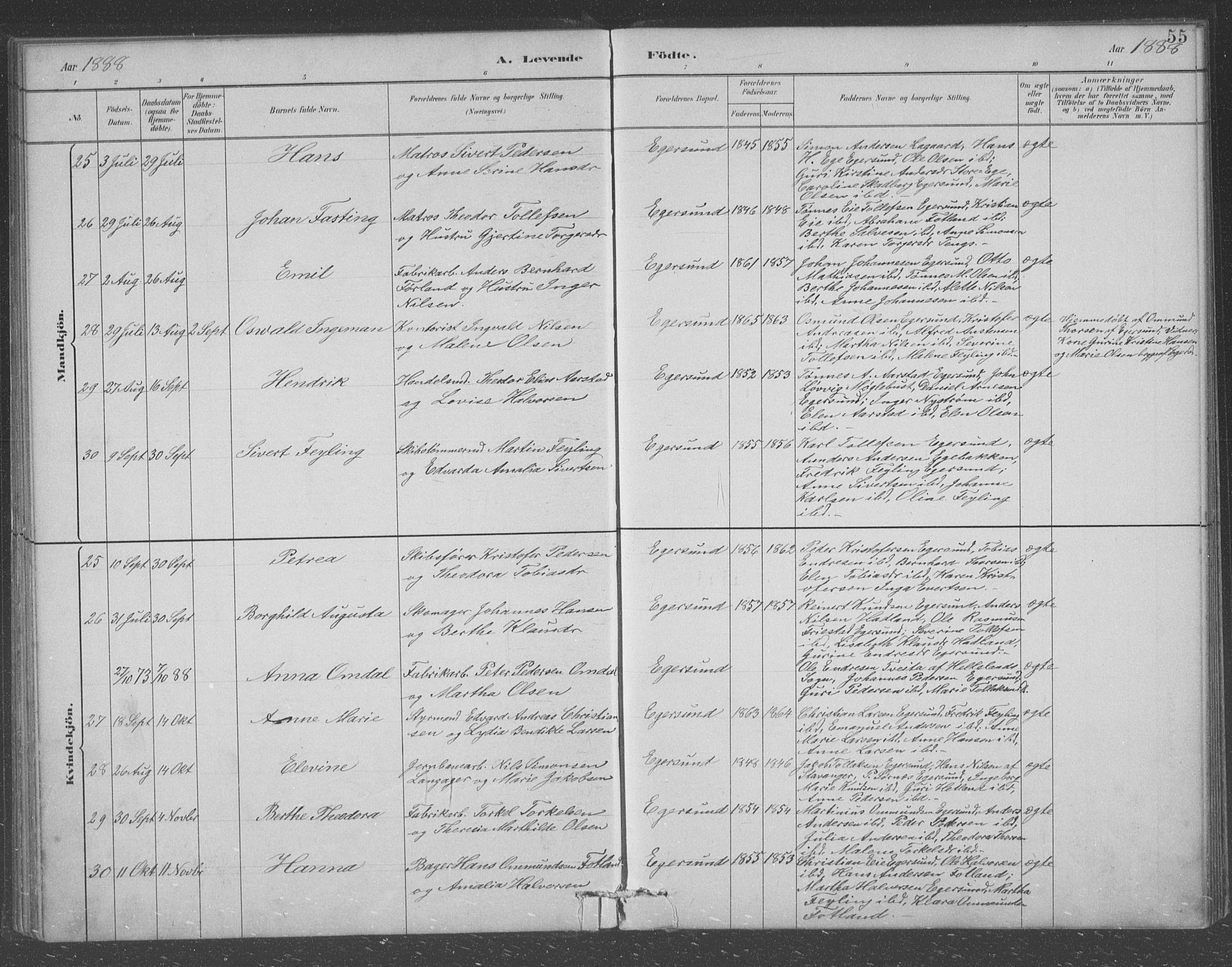 Eigersund sokneprestkontor, AV/SAST-A-101807/S09/L0008: Parish register (copy) no. B 8, 1882-1892, p. 55