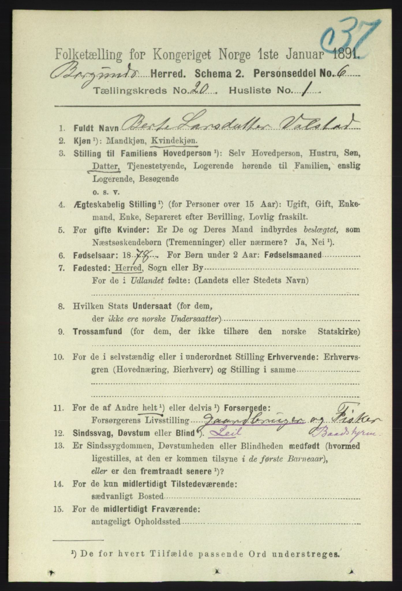 RA, 1891 census for 1531 Borgund, 1891, p. 6115