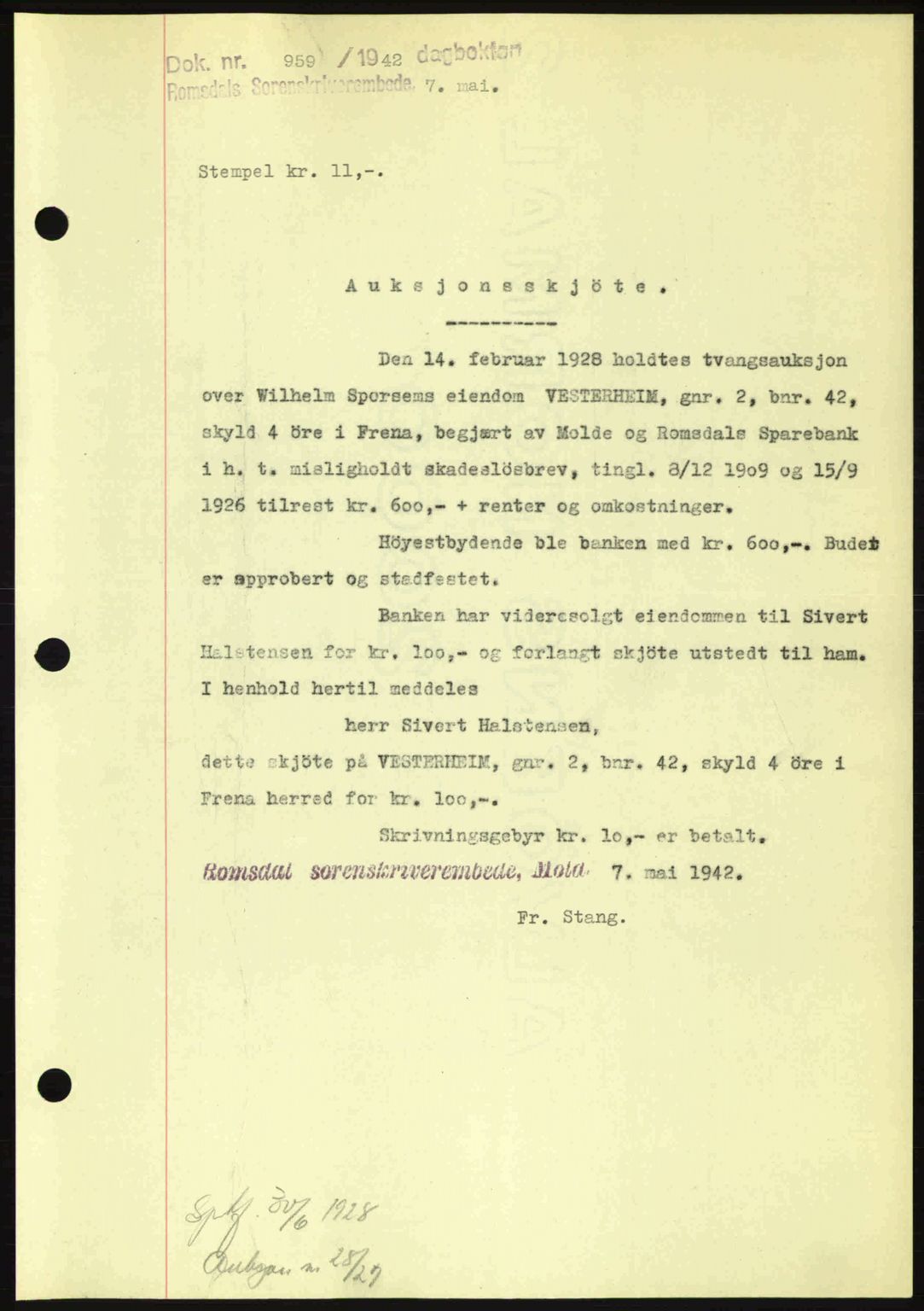 Romsdal sorenskriveri, AV/SAT-A-4149/1/2/2C: Mortgage book no. A12, 1942-1942, Diary no: : 959/1942