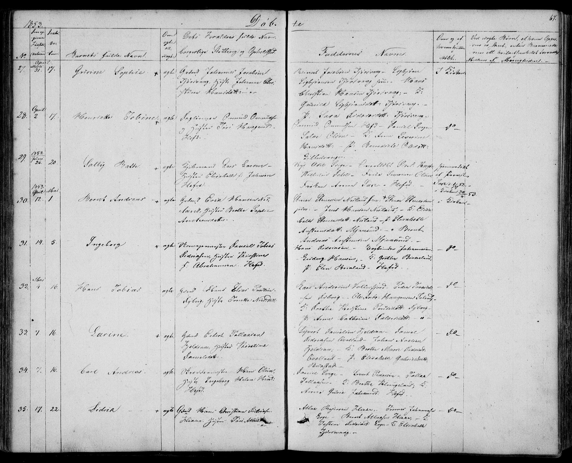 Flekkefjord sokneprestkontor, AV/SAK-1111-0012/F/Fb/Fbc/L0005: Parish register (copy) no. B 5, 1846-1866, p. 67