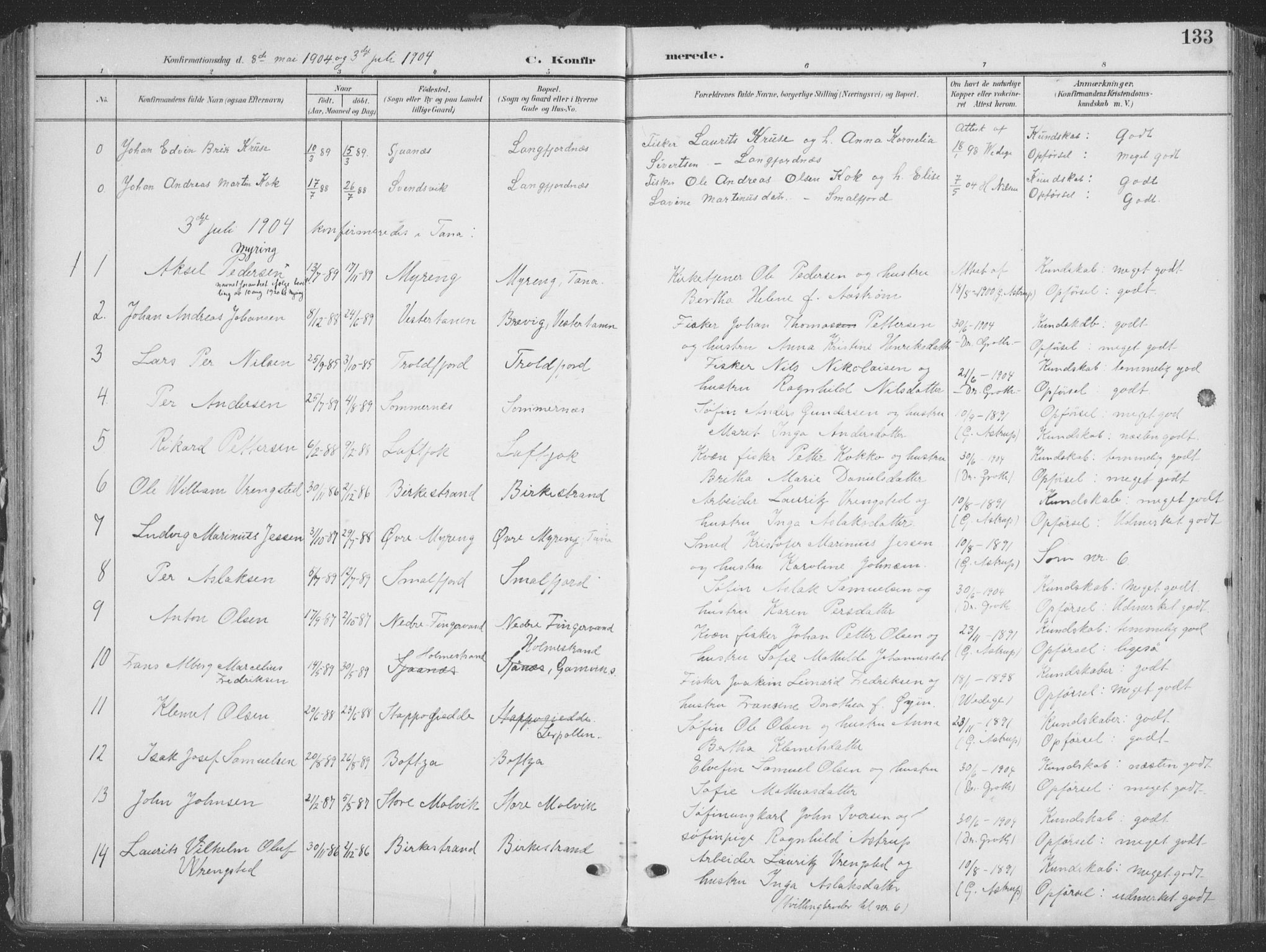 Tana sokneprestkontor, SATØ/S-1334/H/Ha/L0007kirke: Parish register (official) no. 7, 1904-1918, p. 133