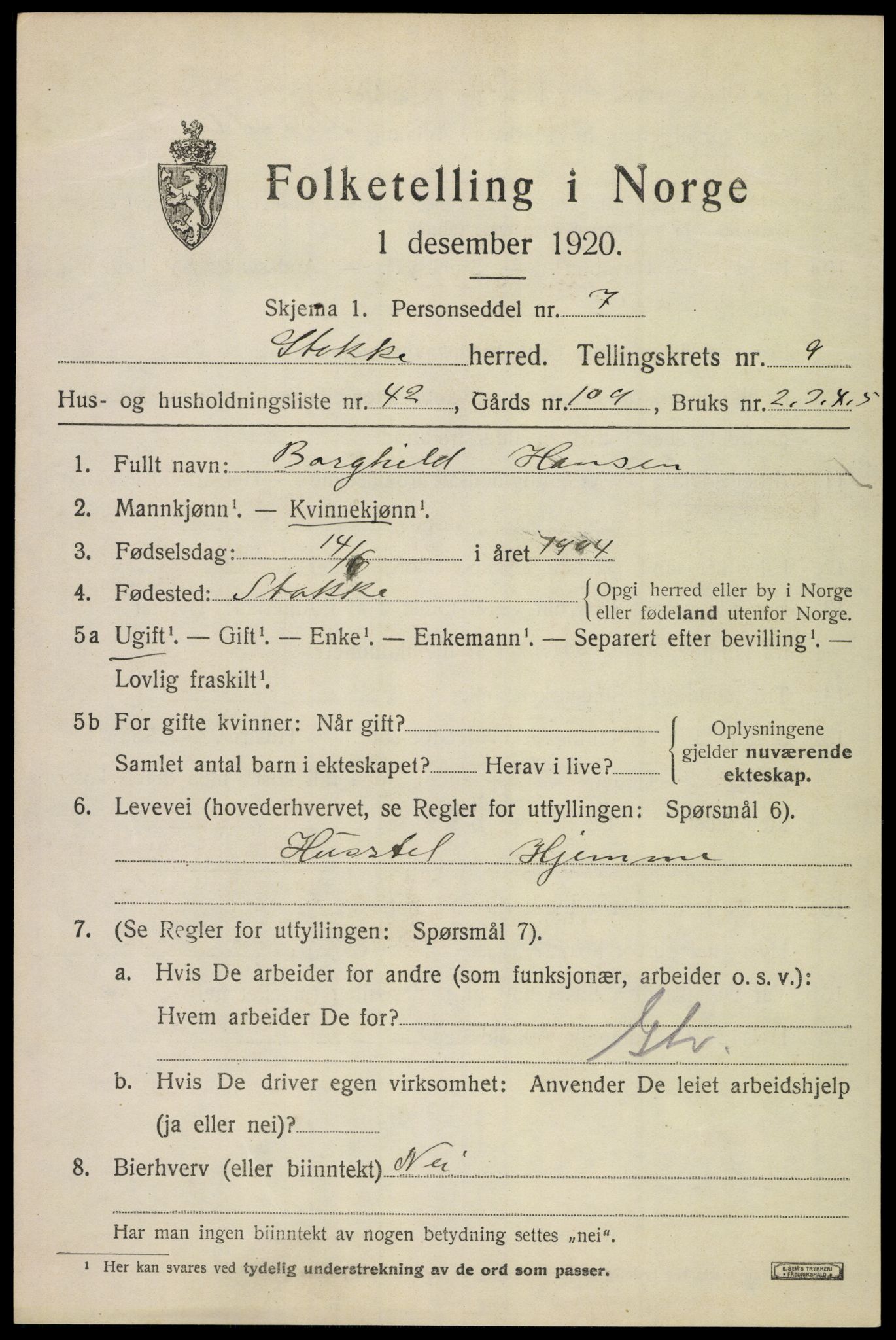 SAKO, 1920 census for Stokke, 1920, p. 10884