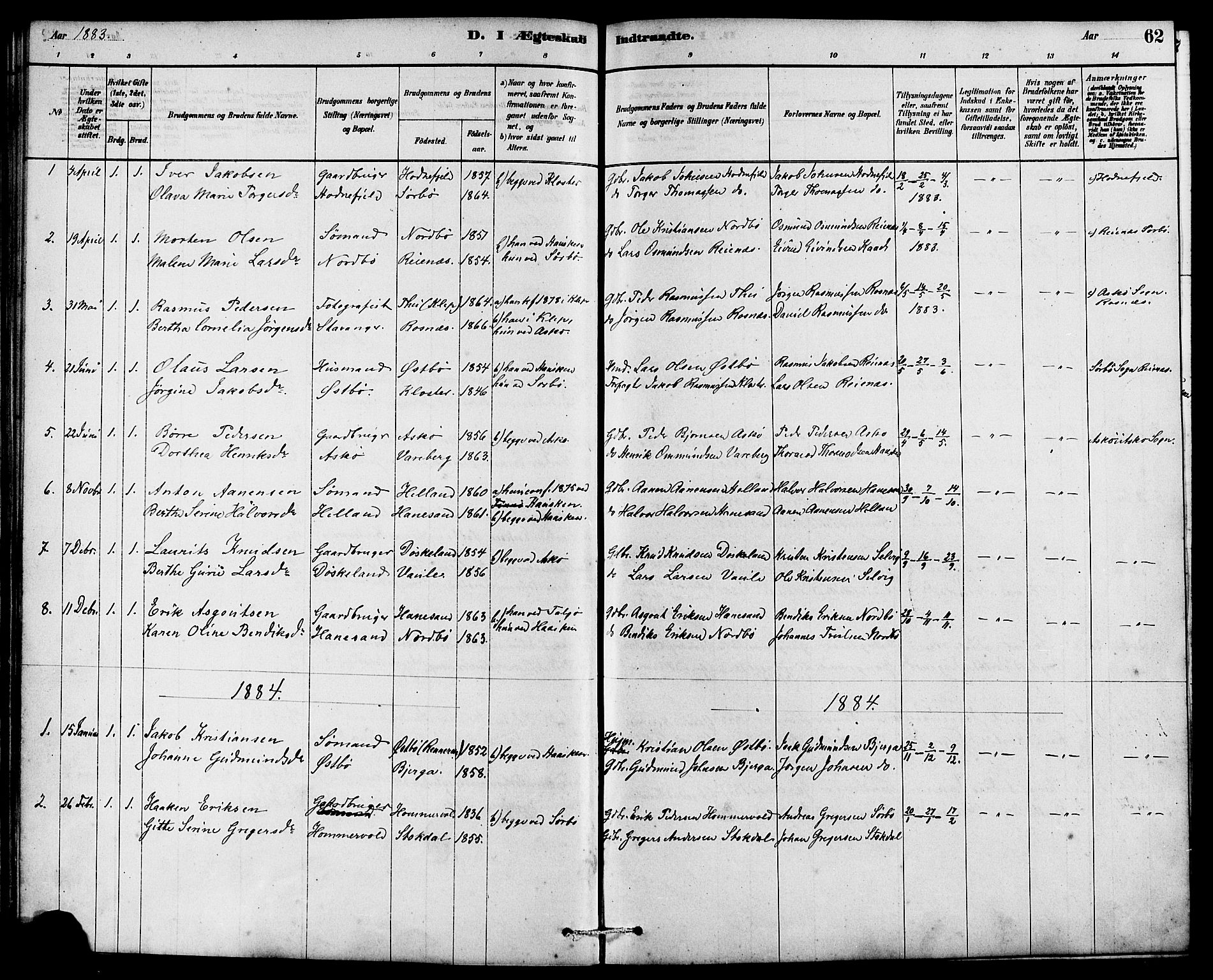 Rennesøy sokneprestkontor, AV/SAST-A -101827/H/Ha/Haa/L0007: Parish register (official) no. A 7, 1878-1884, p. 62