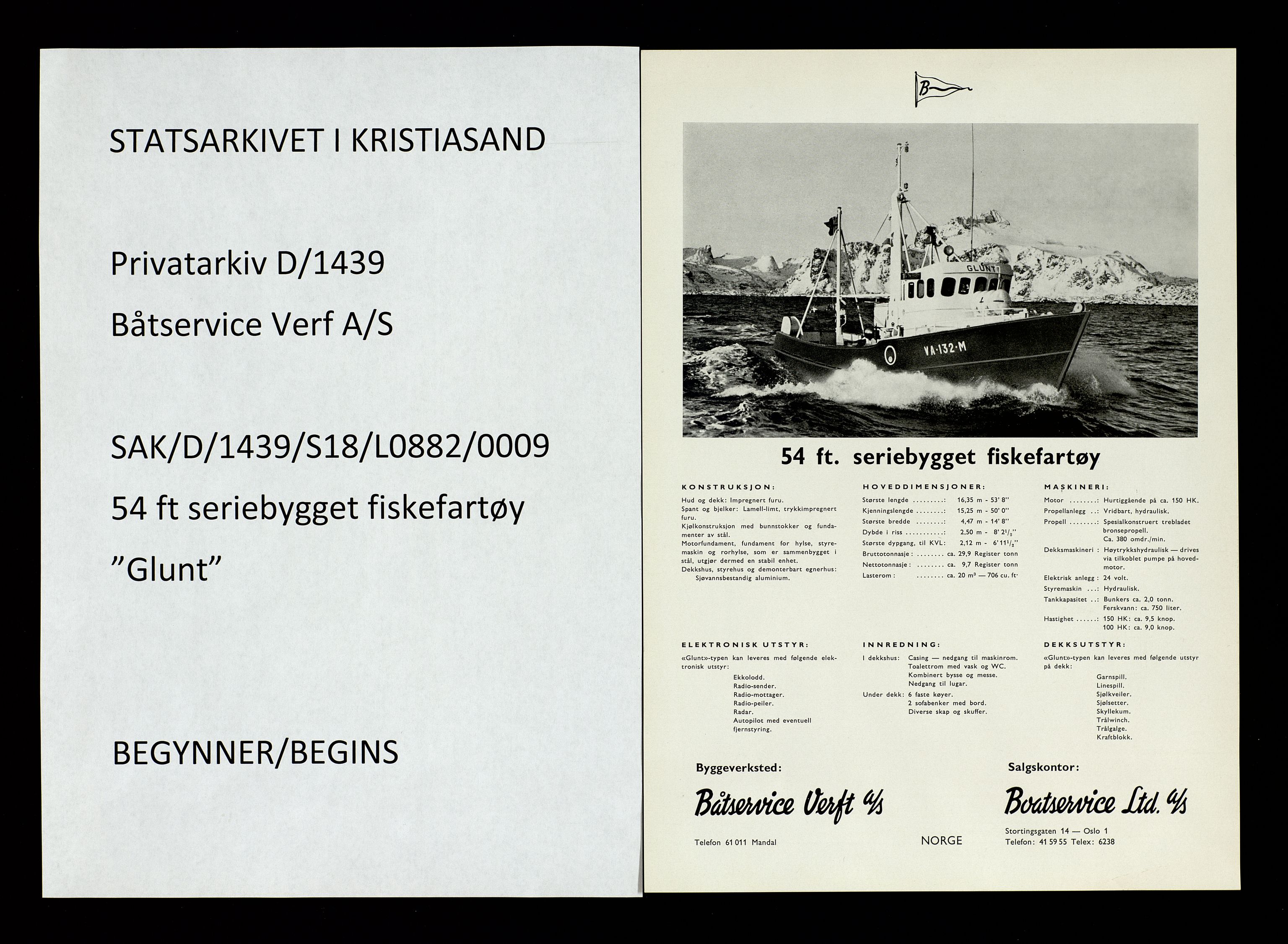 Båtservice Verft A/S, SAK/D/1439/S18/L0882/0009: Reklame, jubileumsbok, historikk / 54 ft seriebygget fiskefartøy - "Glunt", 1968