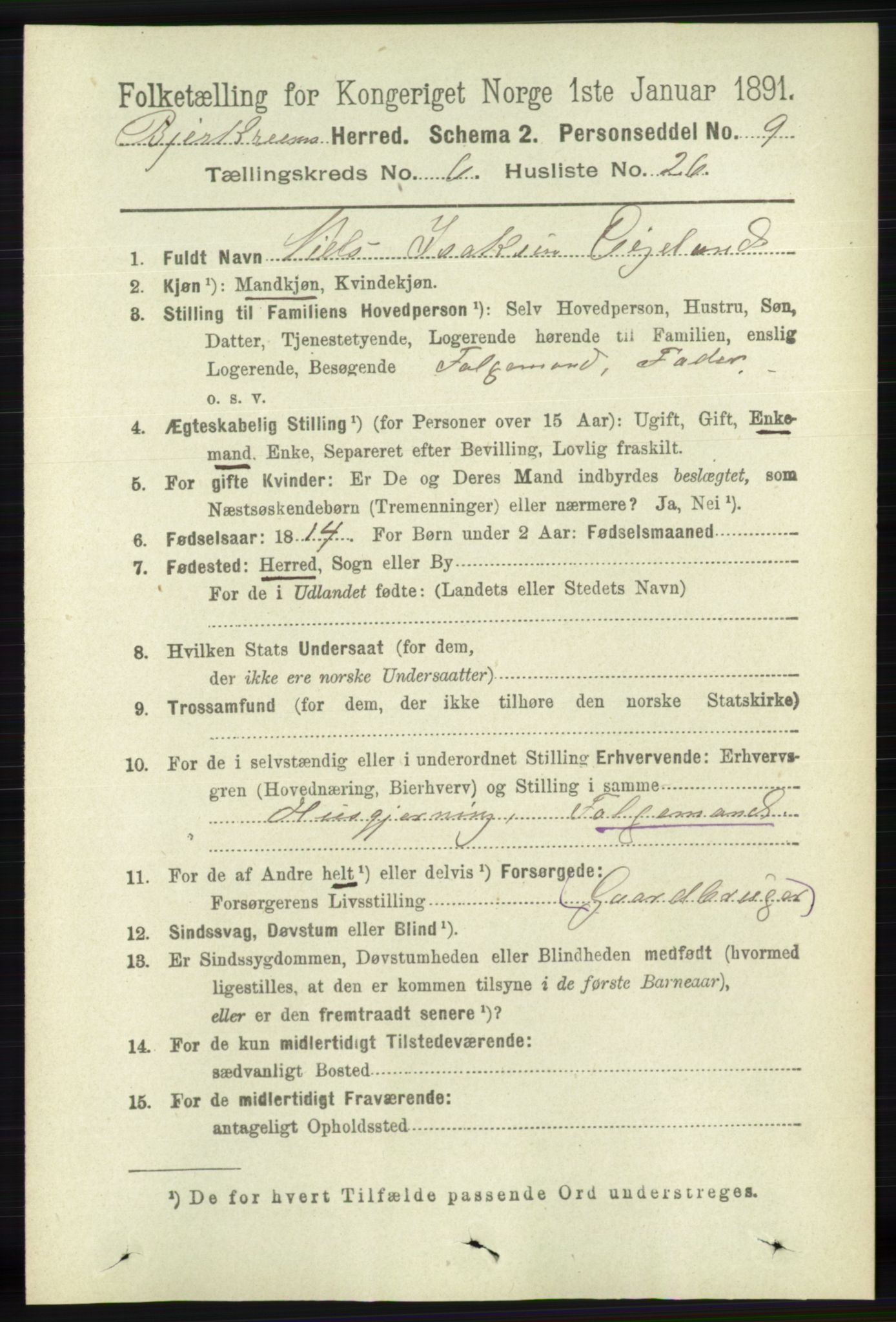 RA, 1891 census for 1114 Bjerkreim, 1891, p. 2270