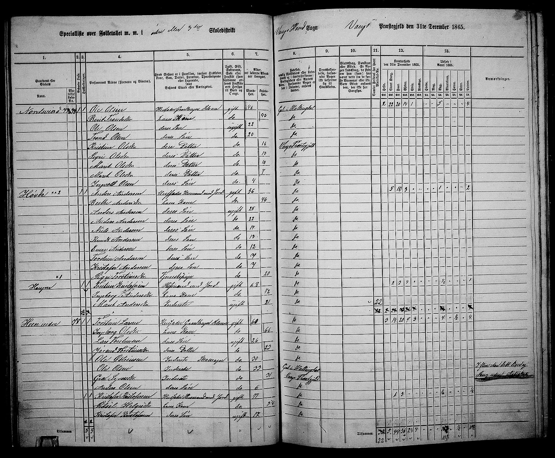 RA, 1865 census for Vang, 1865, p. 57