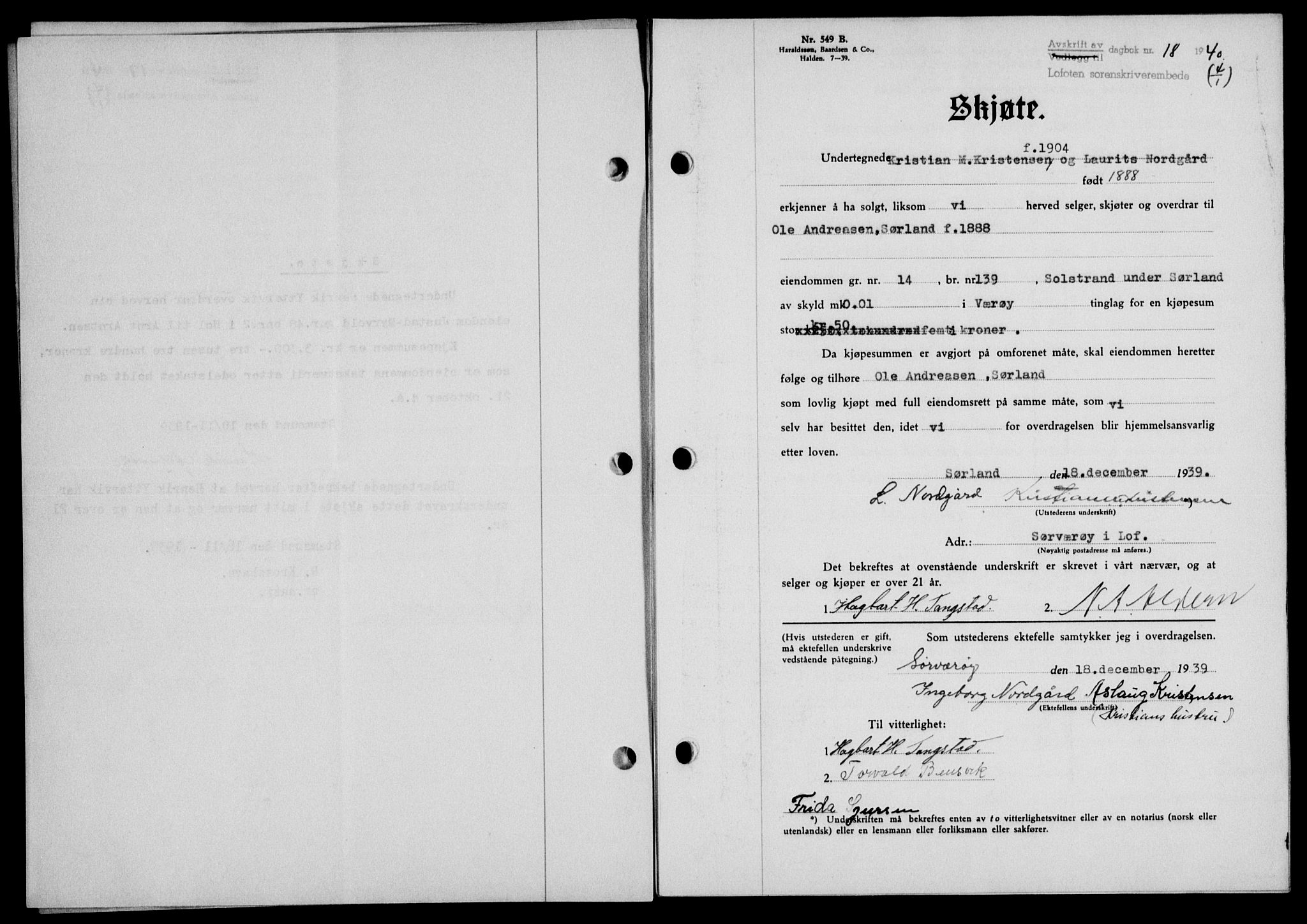 Lofoten sorenskriveri, SAT/A-0017/1/2/2C/L0007a: Mortgage book no. 7a, 1939-1940, Diary no: : 18/1940