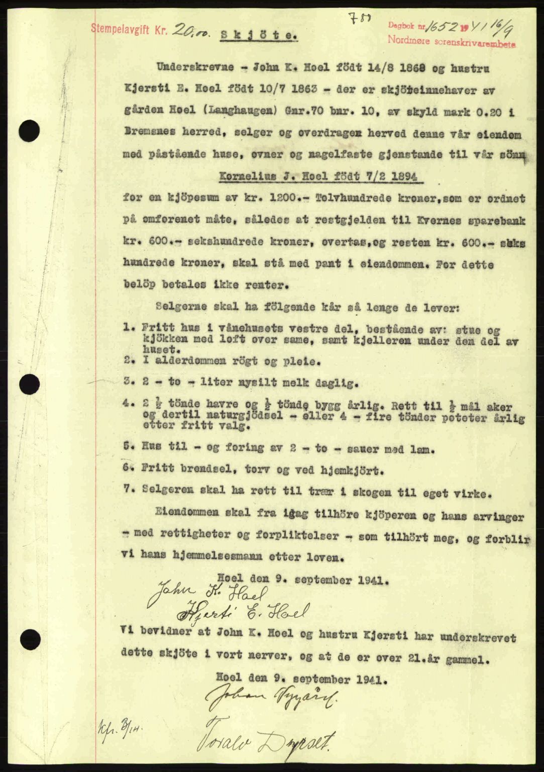 Nordmøre sorenskriveri, SAT/A-4132/1/2/2Ca: Mortgage book no. A90, 1941-1941, Diary no: : 1652/1941