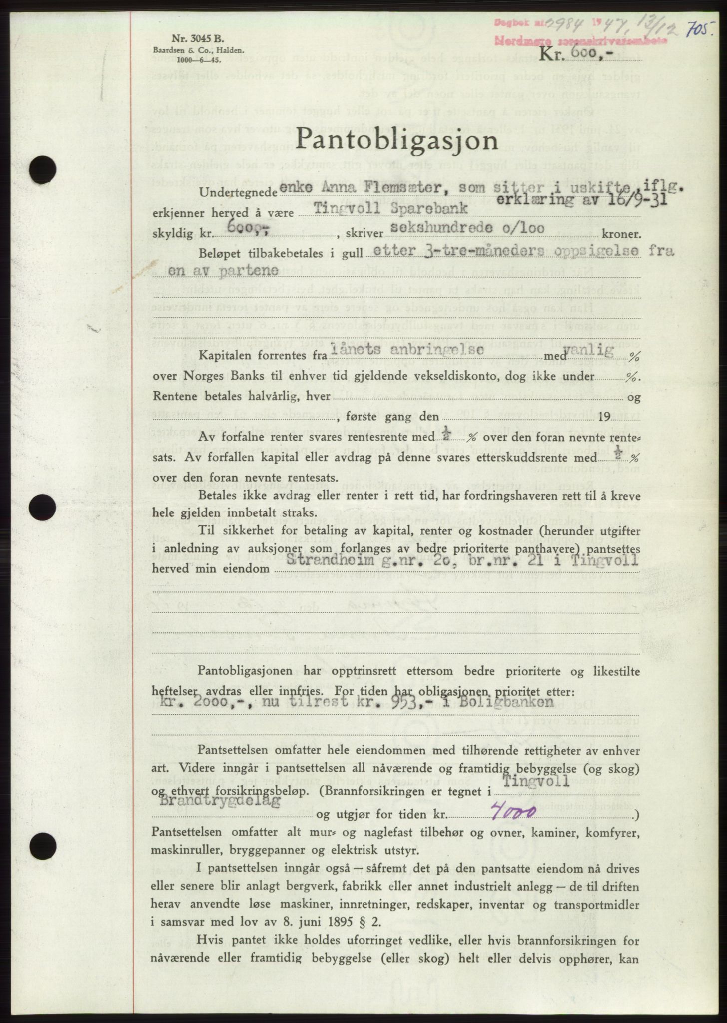 Nordmøre sorenskriveri, AV/SAT-A-4132/1/2/2Ca: Mortgage book no. B97, 1947-1948, Diary no: : 2984/1947