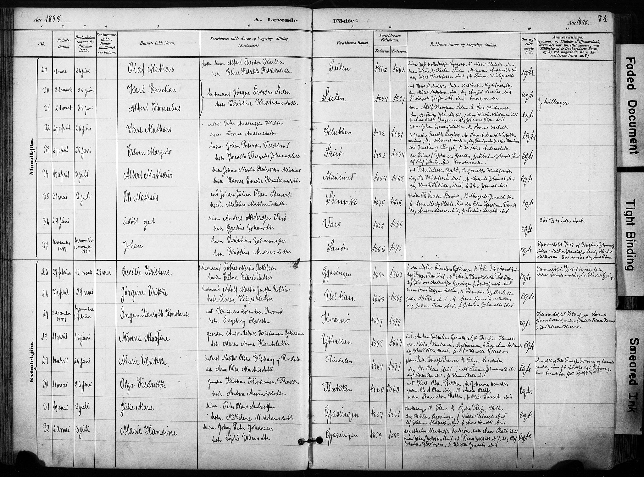 Ministerialprotokoller, klokkerbøker og fødselsregistre - Sør-Trøndelag, AV/SAT-A-1456/640/L0579: Parish register (official) no. 640A04, 1889-1902, p. 74