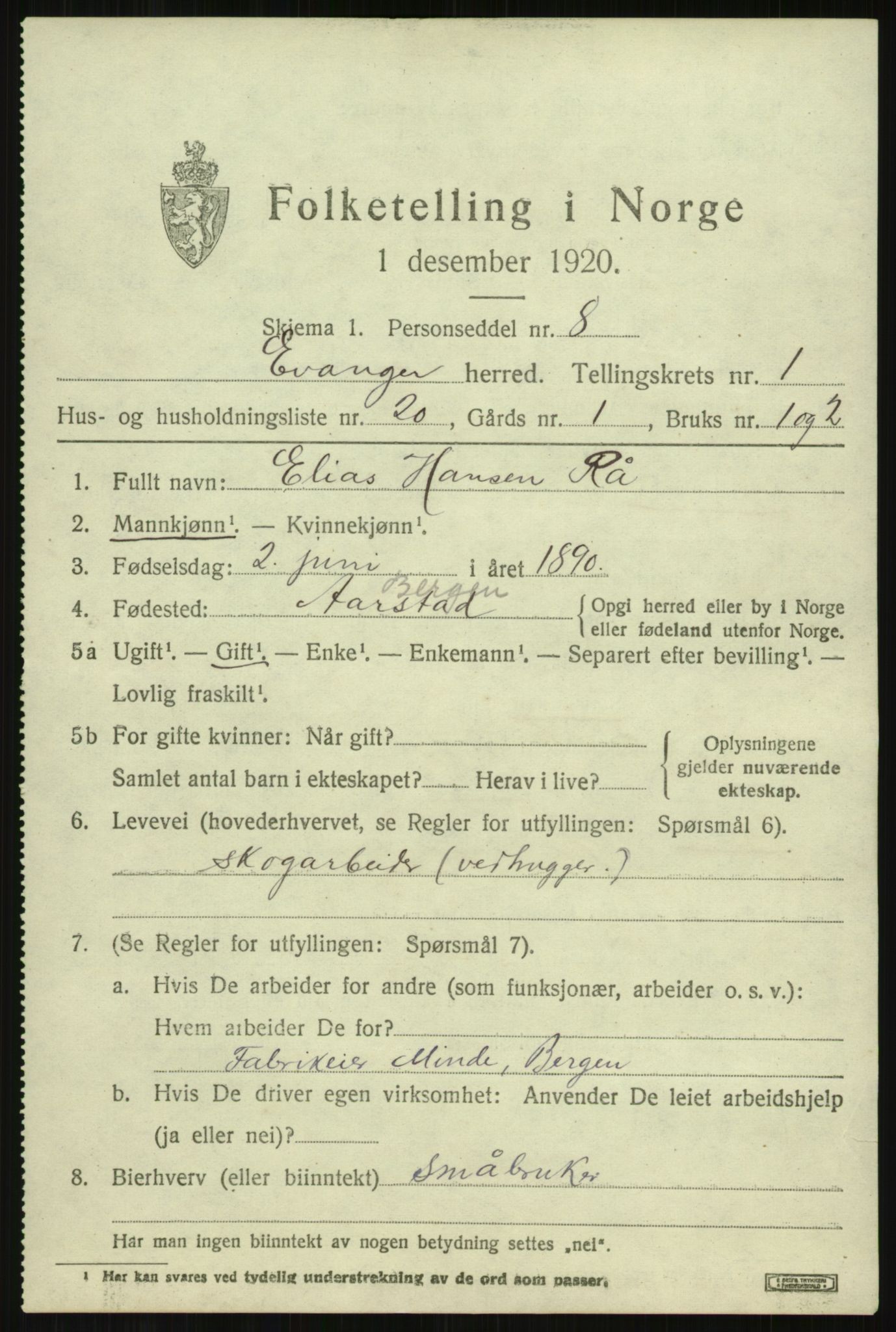 SAB, 1920 census for Evanger, 1920, p. 943