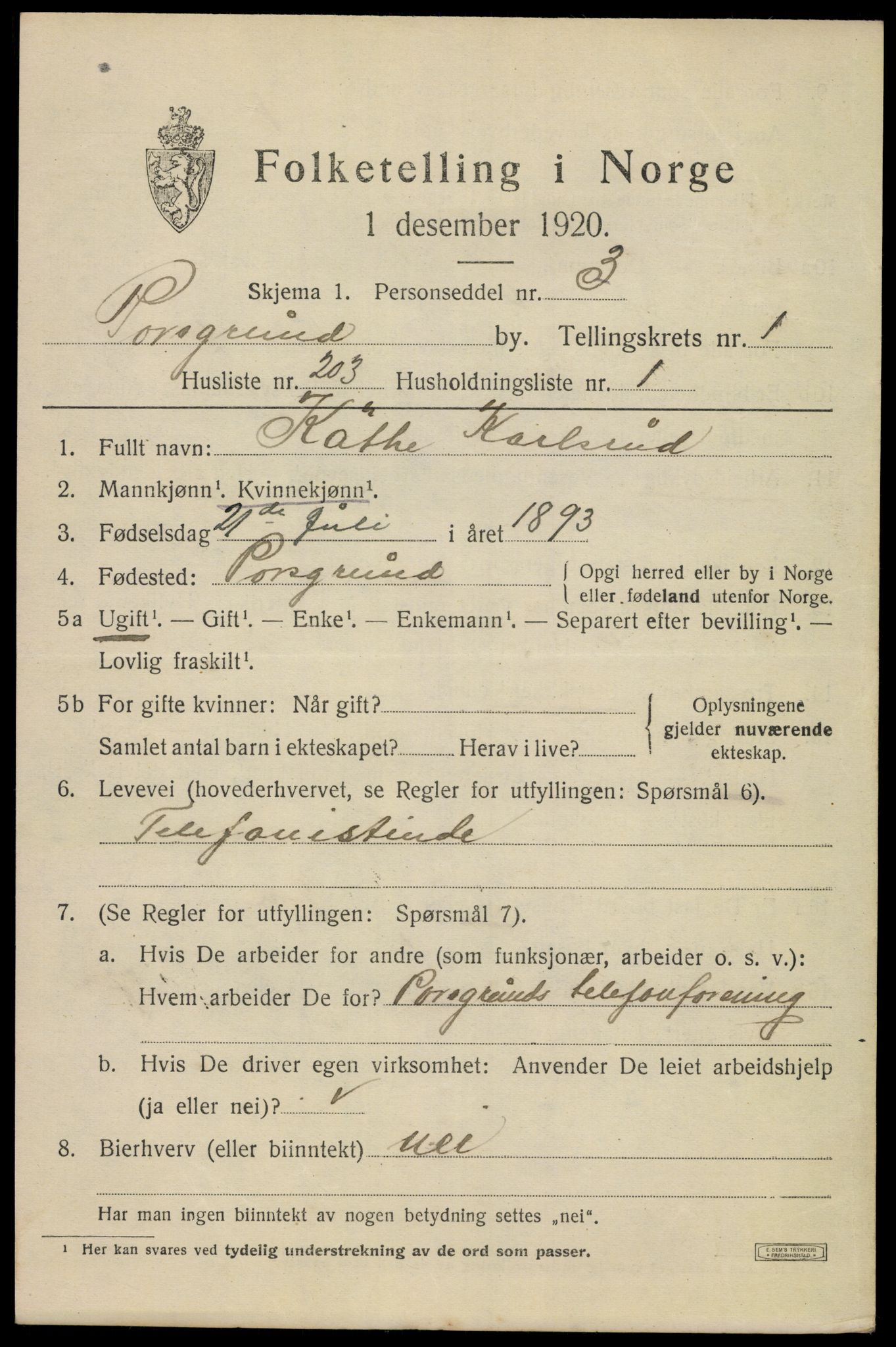 SAKO, 1920 census for Porsgrunn, 1920, p. 9445