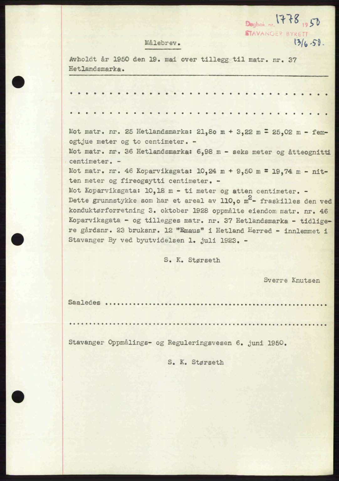 Stavanger byrett, SAST/A-100455/002/G/Gb/L0024: Mortgage book no. A13, 1949-1950, Diary no: : 1778/1950
