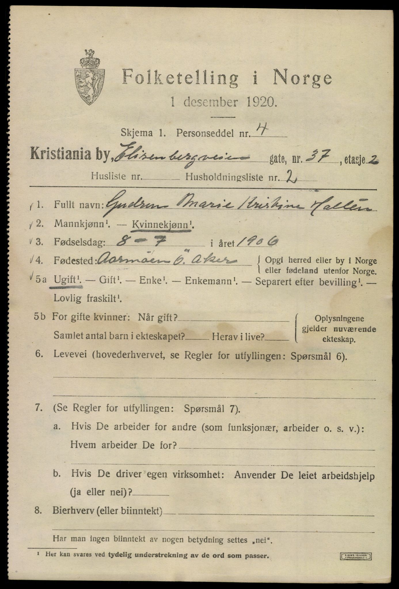 SAO, 1920 census for Kristiania, 1920, p. 215023