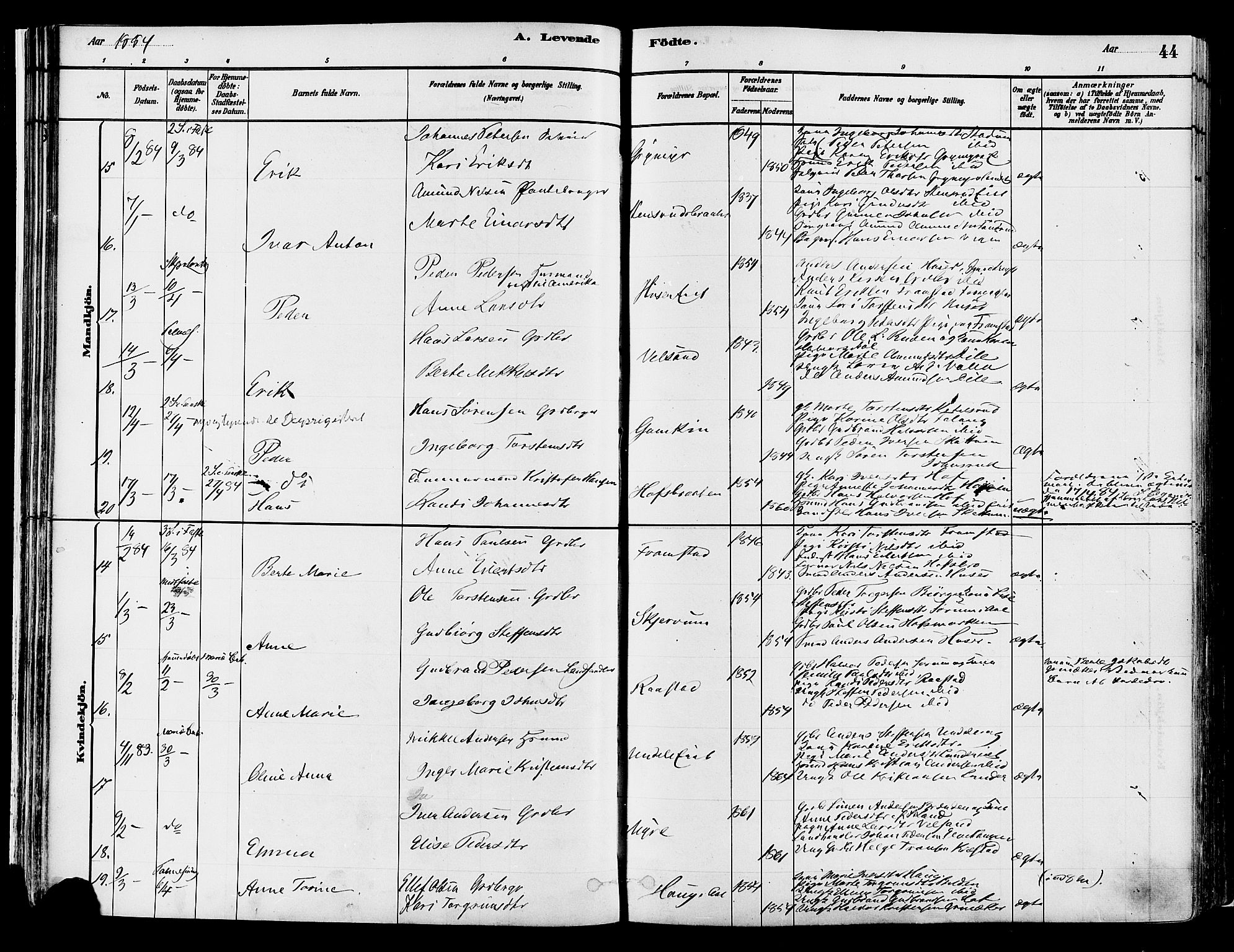 Gran prestekontor, AV/SAH-PREST-112/H/Ha/Haa/L0014: Parish register (official) no. 14, 1880-1889, p. 44