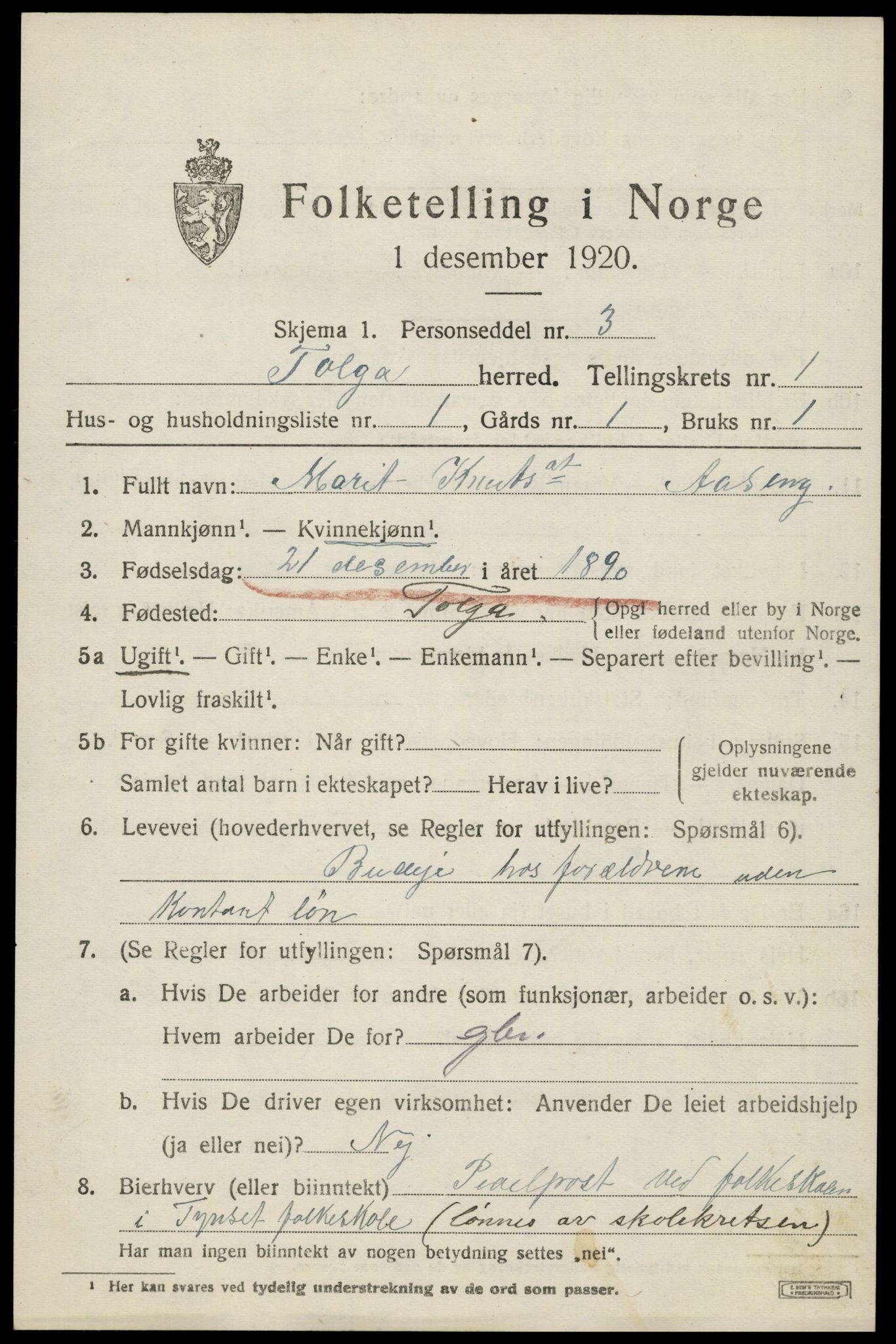 SAH, 1920 census for Tolga, 1920, p. 1383