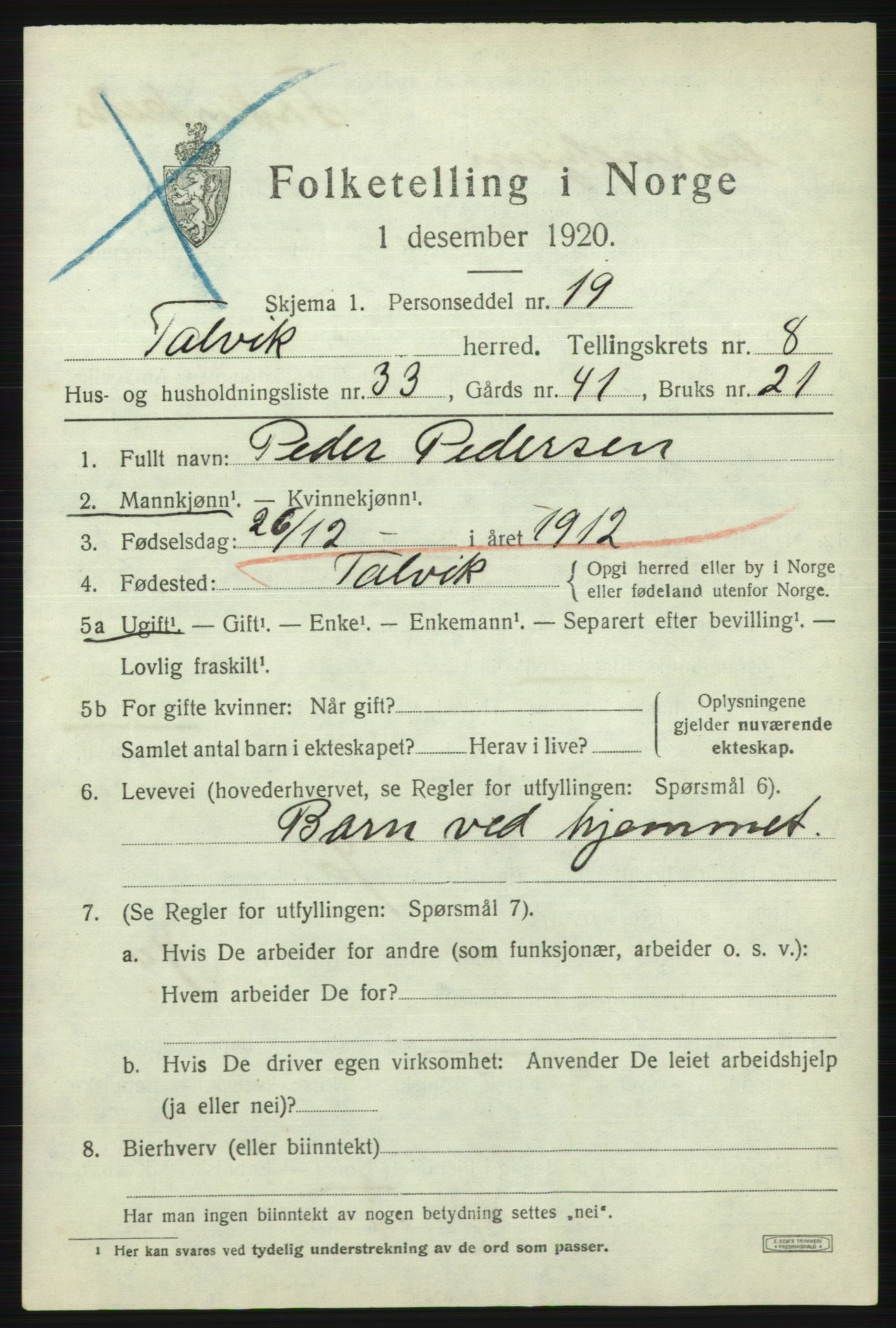 SATØ, 1920 census for Talvik, 1920, p. 5370