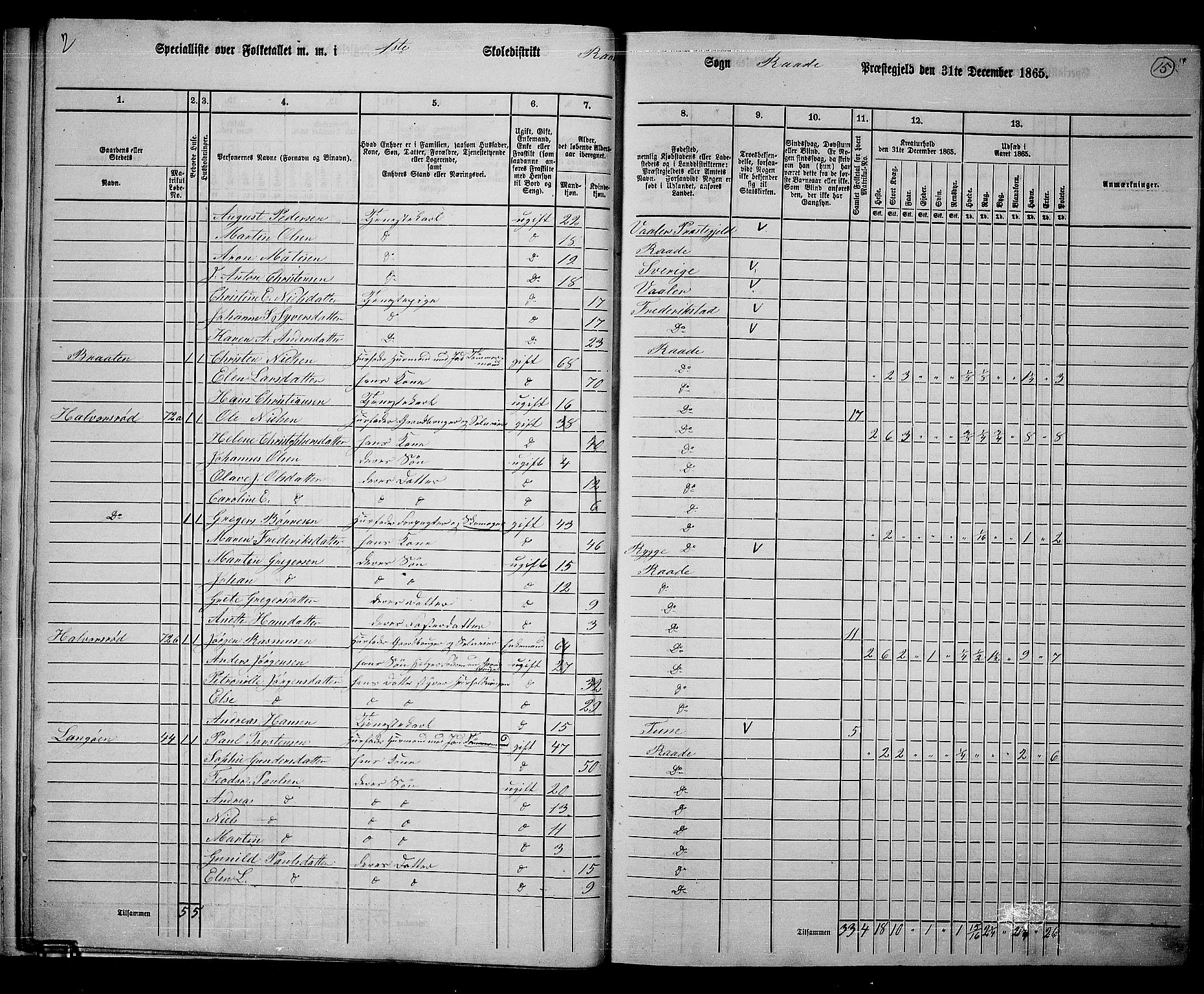 RA, 1865 census for Råde, 1865, p. 13