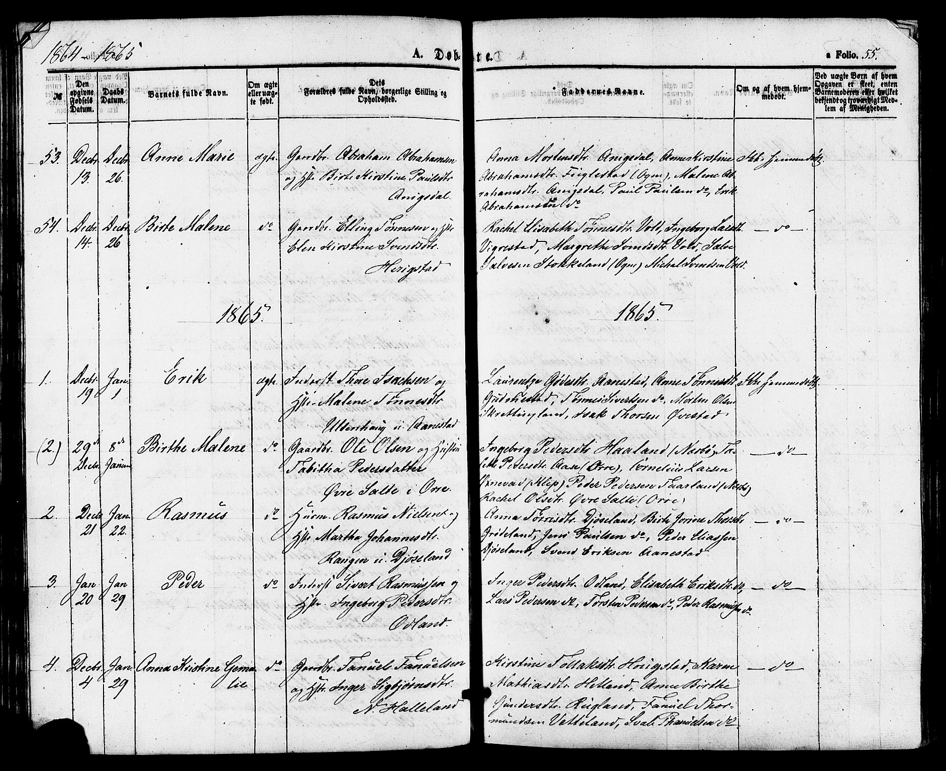 Hå sokneprestkontor, AV/SAST-A-101801/001/30BA/L0009: Parish register (official) no. A 8, 1855-1878, p. 55