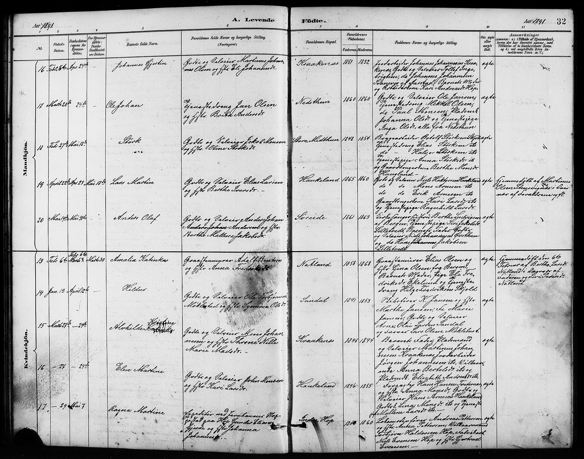 Birkeland Sokneprestembete, SAB/A-74601/H/Hab: Parish register (copy) no. A 4, 1888-1897, p. 32