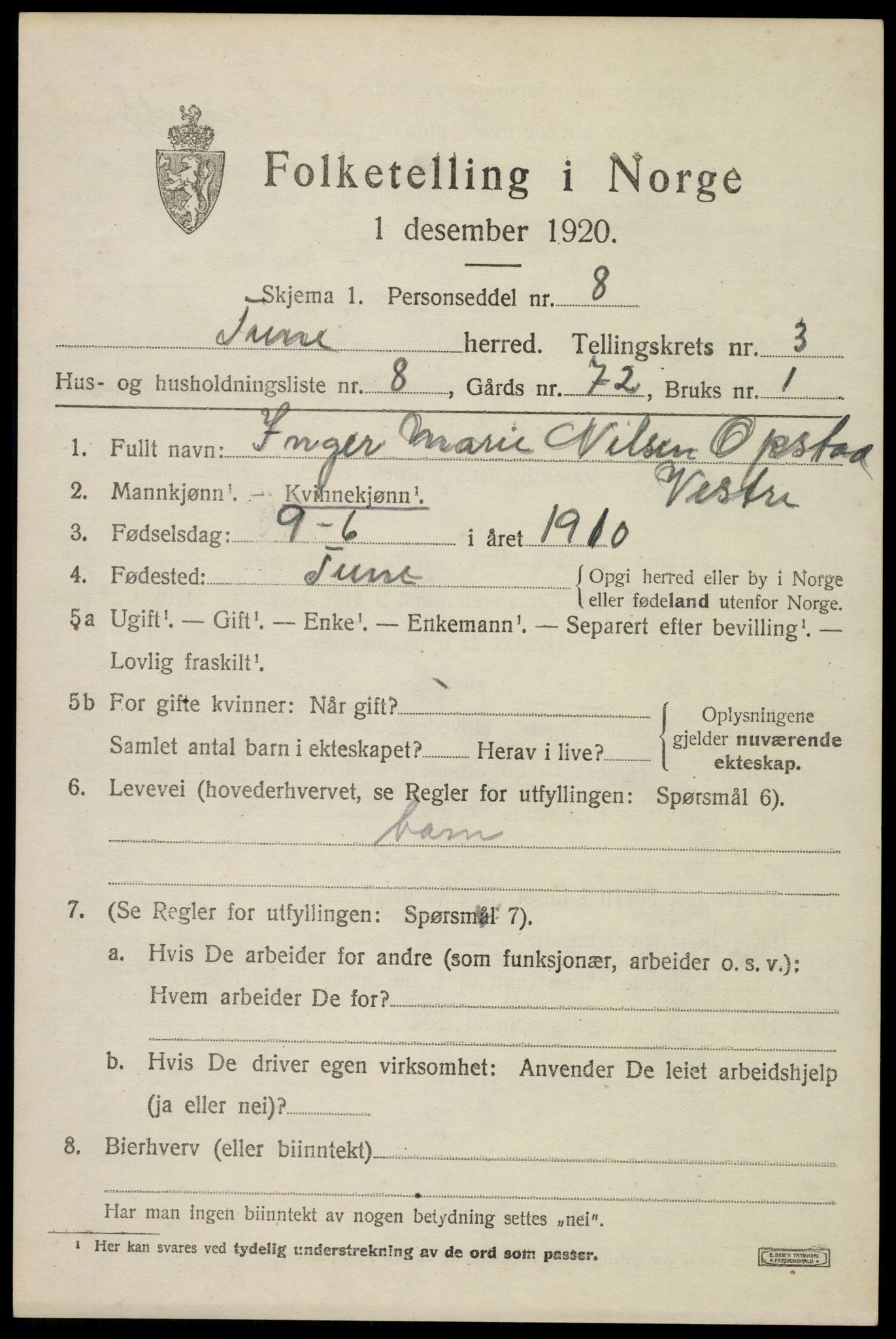 SAO, 1920 census for Tune, 1920, p. 3774