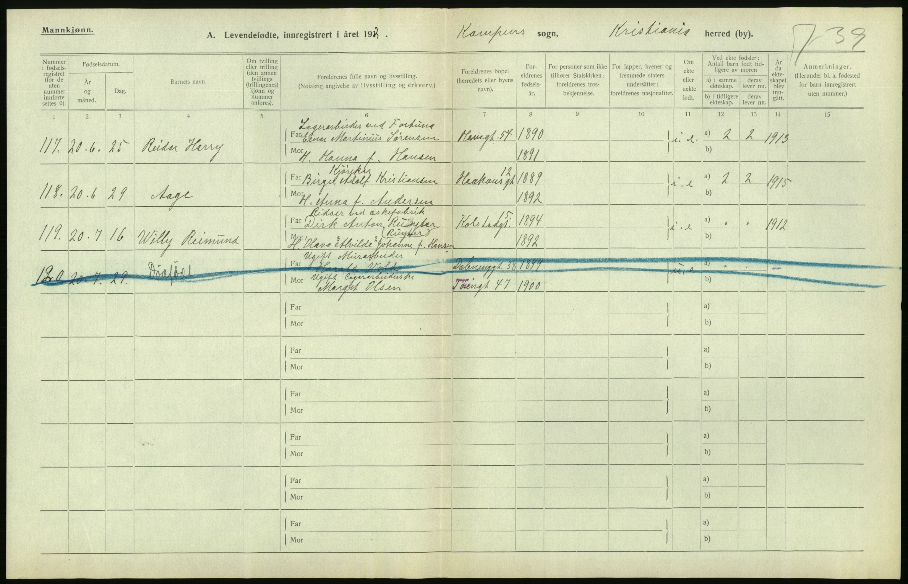 Statistisk sentralbyrå, Sosiodemografiske emner, Befolkning, AV/RA-S-2228/D/Df/Dfb/Dfbj/L0008: Kristiania: Levendefødte menn og kvinner., 1920, p. 212
