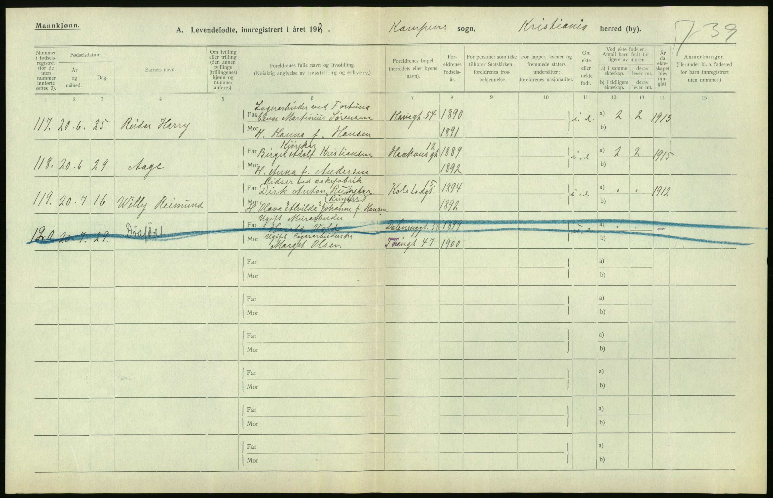 Statistisk sentralbyrå, Sosiodemografiske emner, Befolkning, RA/S-2228/D/Df/Dfb/Dfbj/L0008: Kristiania: Levendefødte menn og kvinner., 1920, p. 212