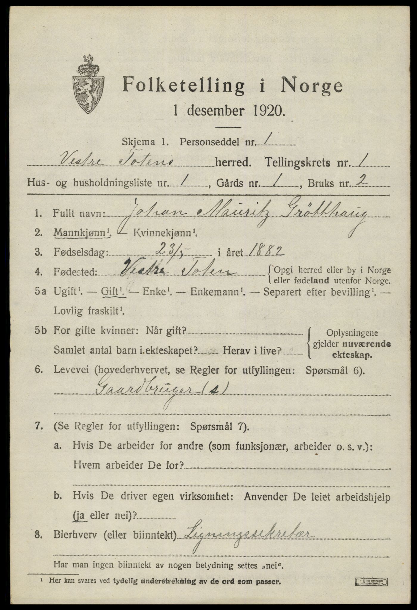 SAH, 1920 census for Vestre Toten, 1920, p. 1852