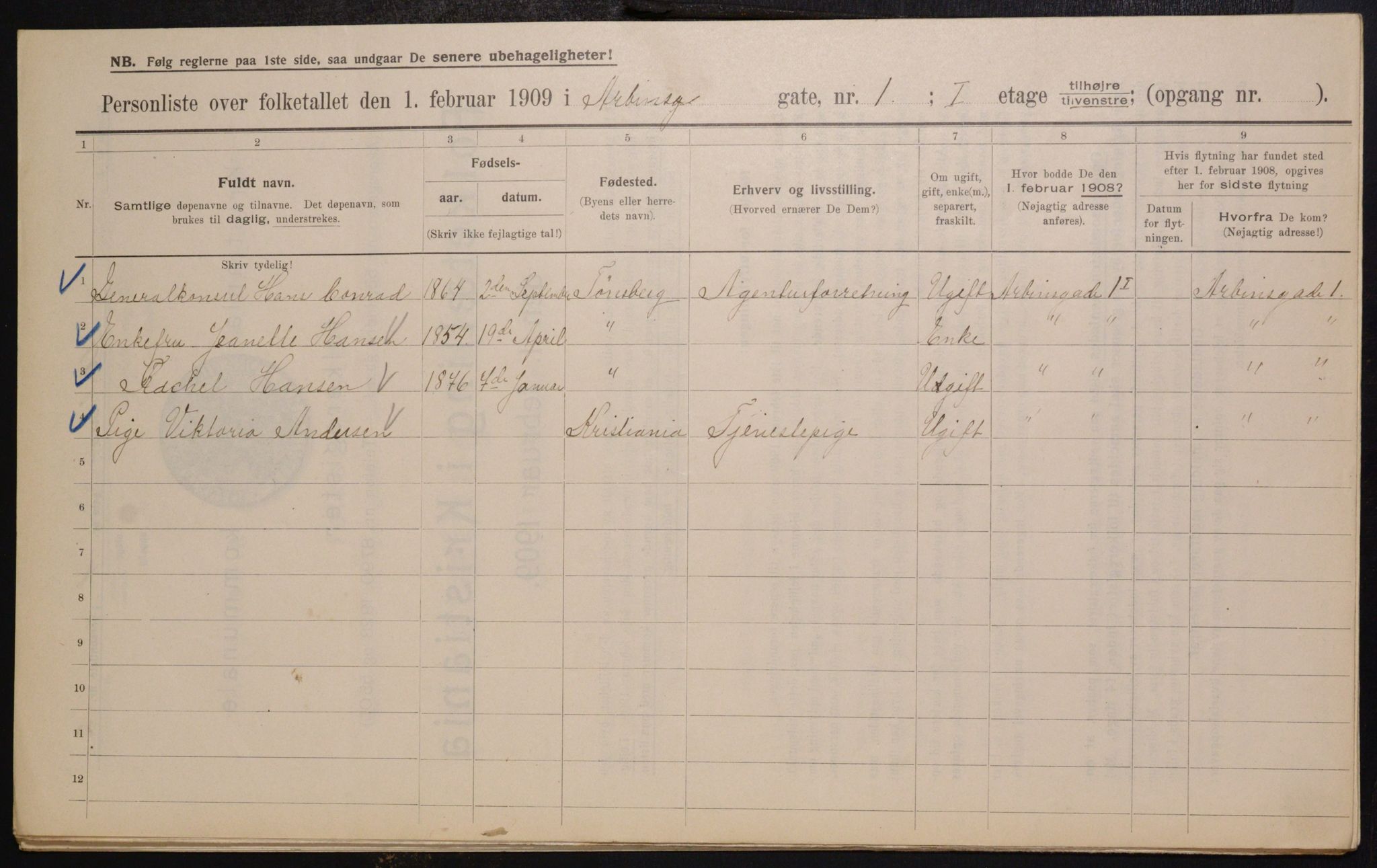 OBA, Municipal Census 1909 for Kristiania, 1909, p. 1532