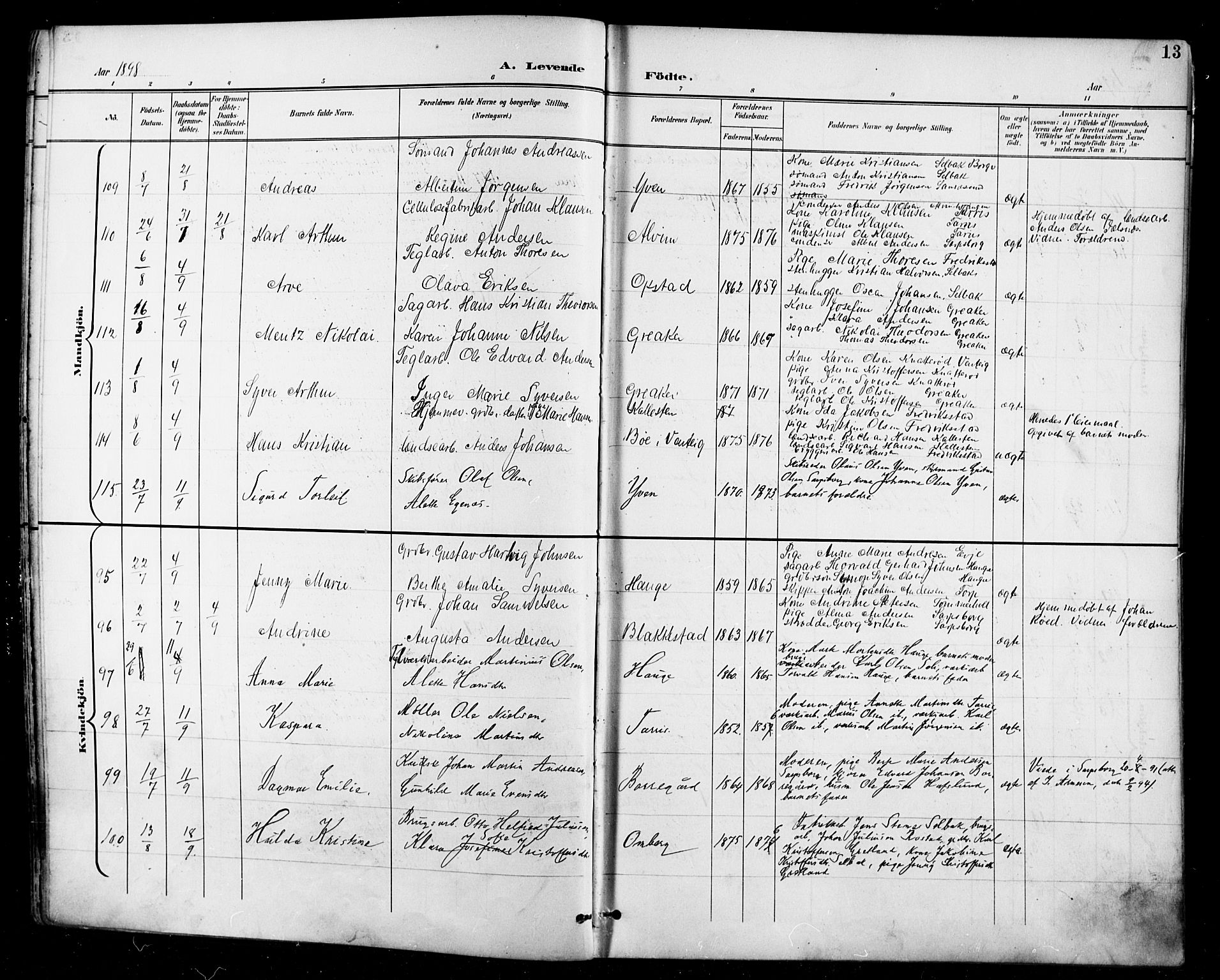 Tune prestekontor Kirkebøker, AV/SAO-A-2007/F/Fa/L0019: Parish register (official) no. 19, 1898-1904, p. 13