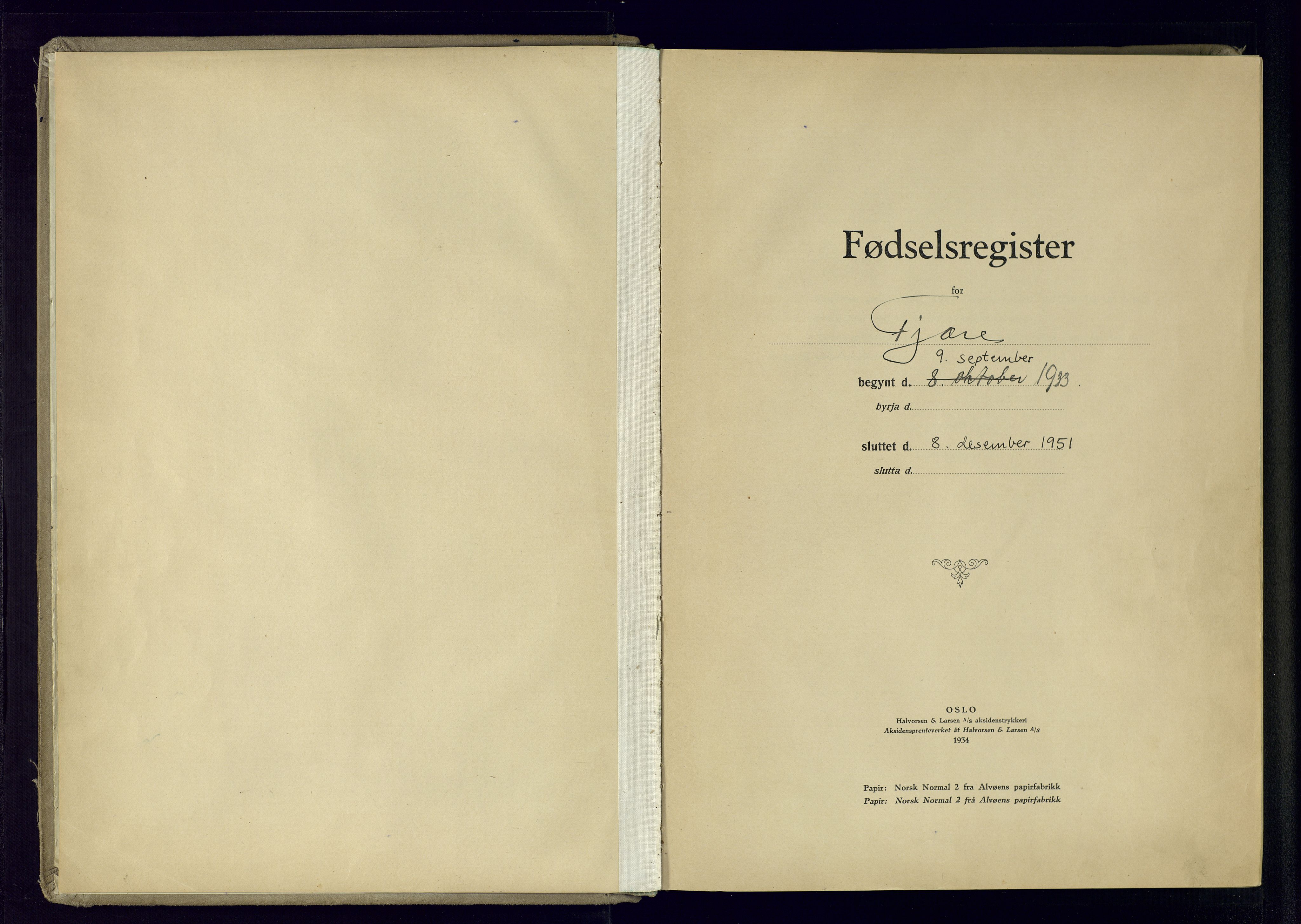 Fjære sokneprestkontor, SAK/1111-0011/J/Jb/L0001: Birth register no. 1, 1933-1951