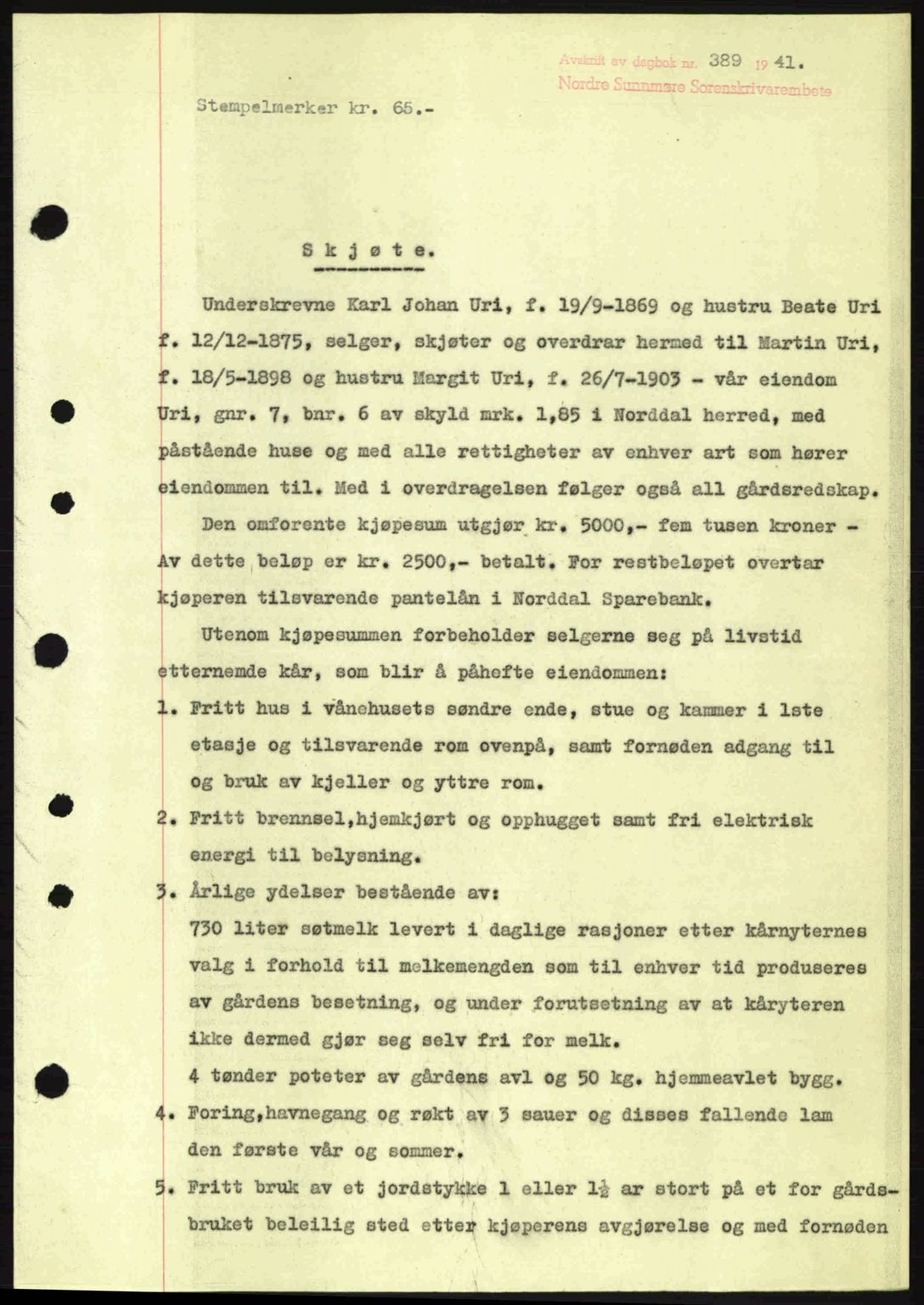 Nordre Sunnmøre sorenskriveri, SAT/A-0006/1/2/2C/2Ca: Mortgage book no. A10, 1940-1941, Diary no: : 389/1941