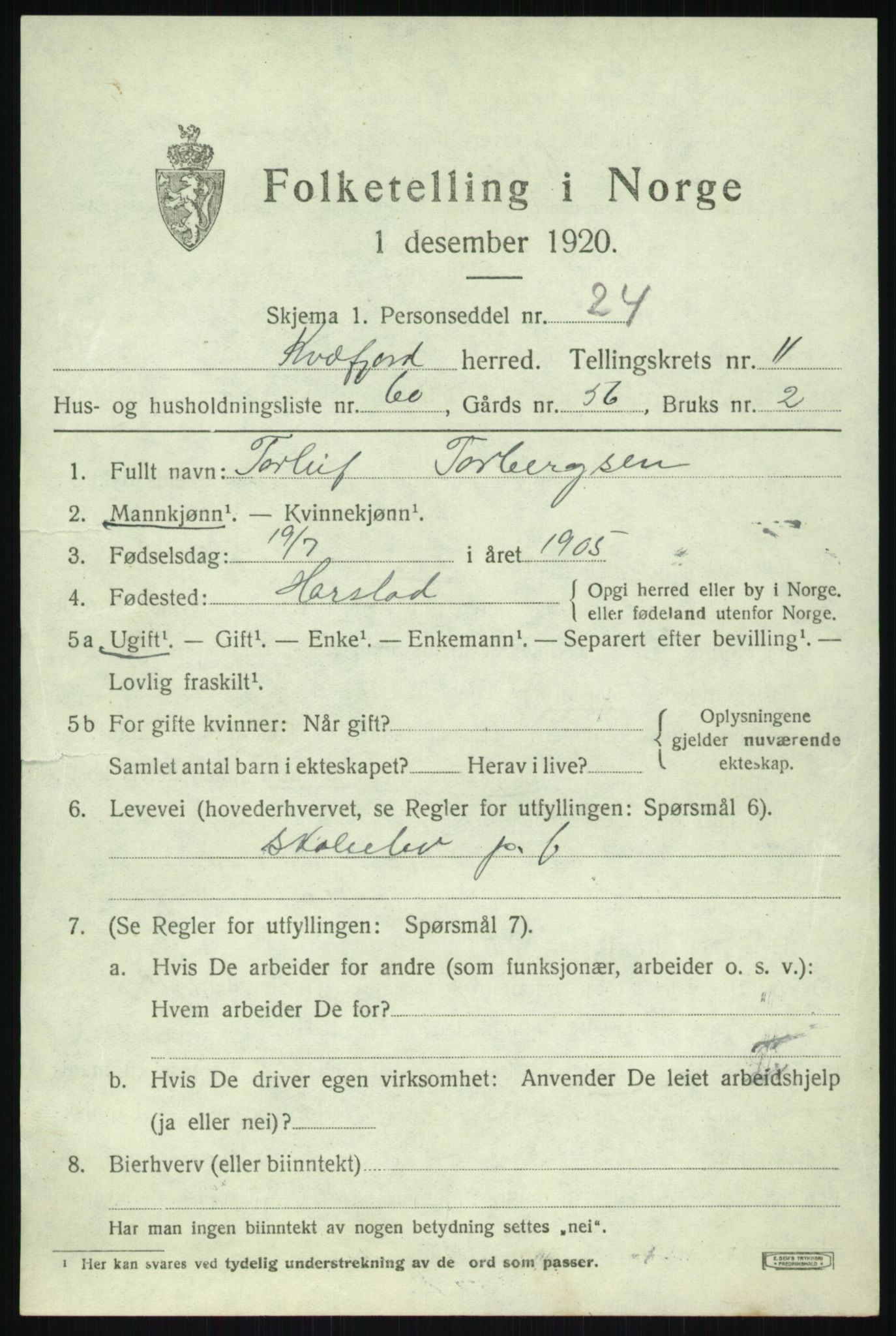 SATØ, 1920 census for Kvæfjord, 1920, p. 5727