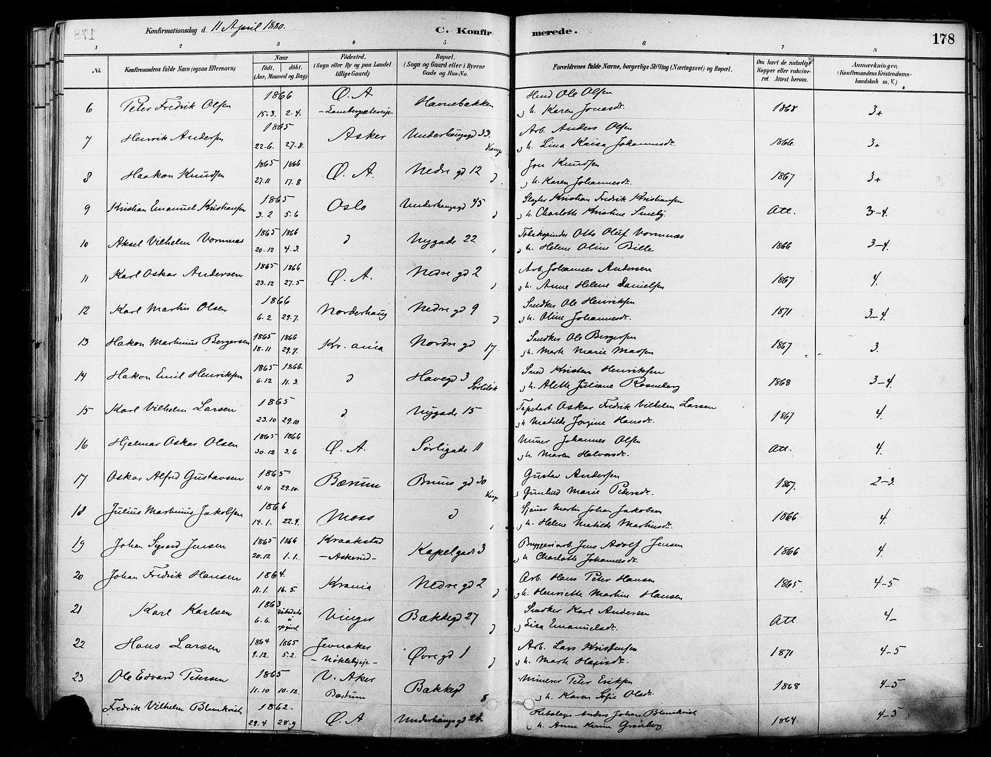 Østre Aker prestekontor Kirkebøker, AV/SAO-A-10840/F/Fa/L0006: Parish register (official) no. I 5, 1879-1882, p. 178