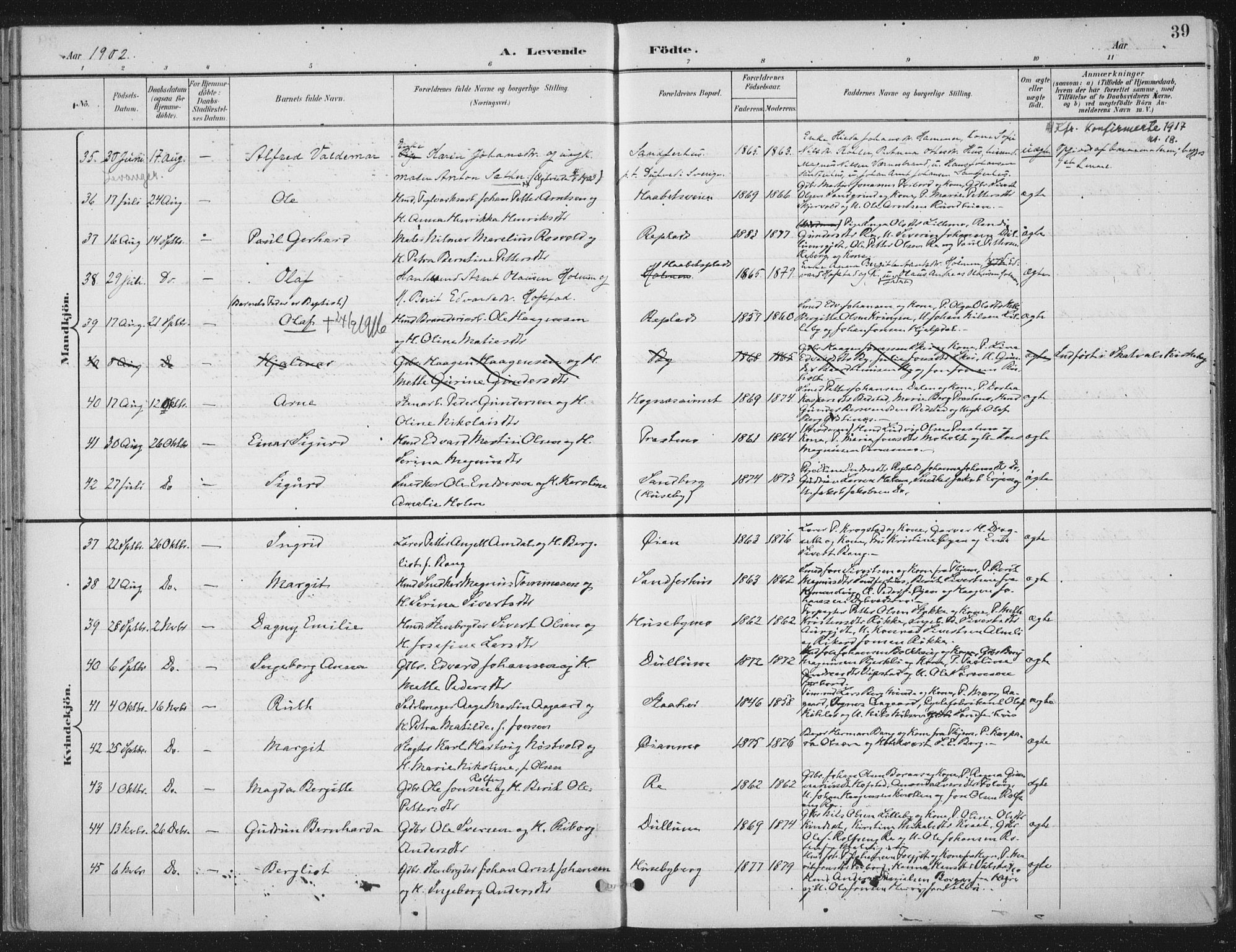 Ministerialprotokoller, klokkerbøker og fødselsregistre - Nord-Trøndelag, AV/SAT-A-1458/709/L0082: Parish register (official) no. 709A22, 1896-1916, p. 39