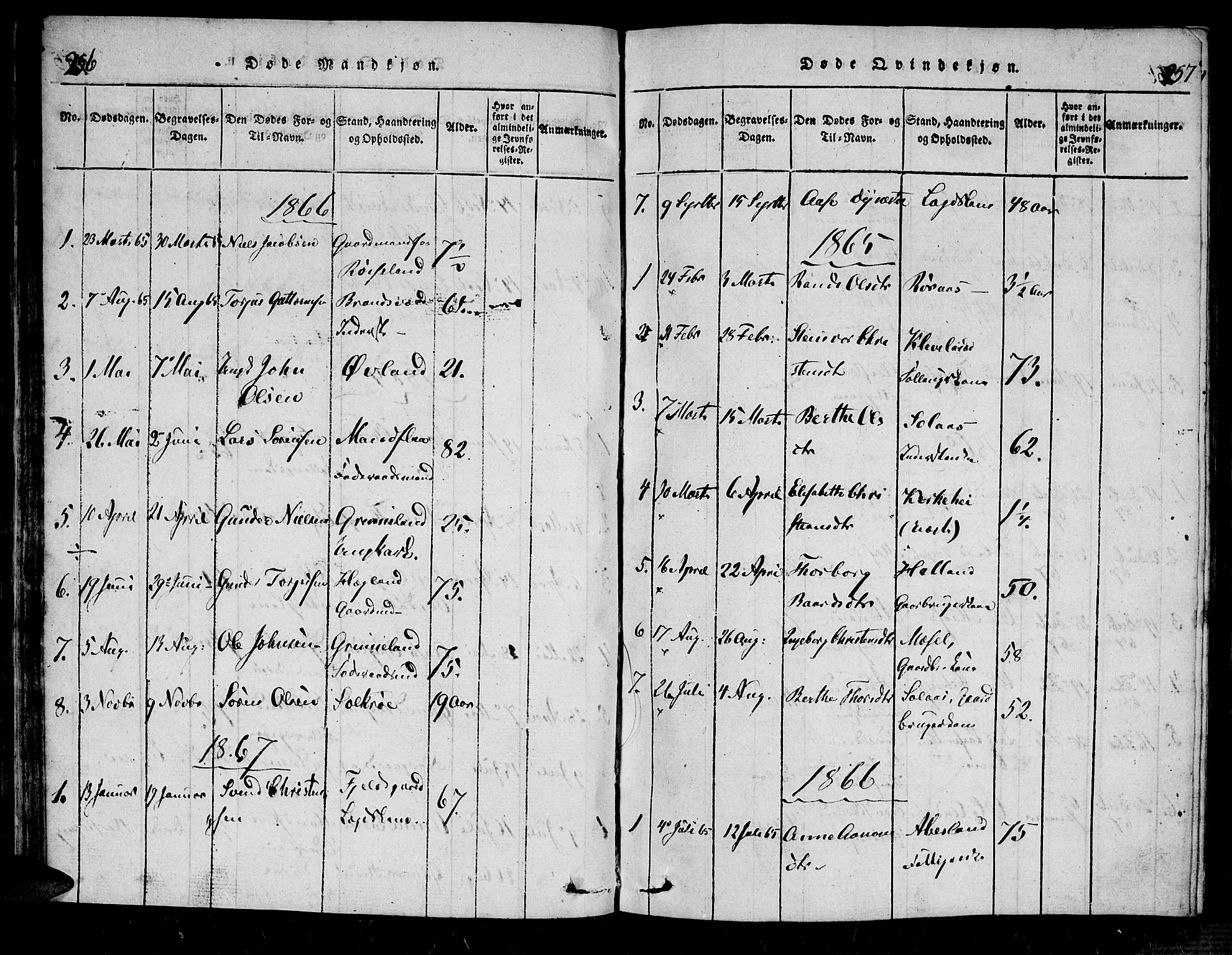 Bjelland sokneprestkontor, SAK/1111-0005/F/Fa/Fab/L0002: Parish register (official) no. A 2, 1816-1869, p. 256-257