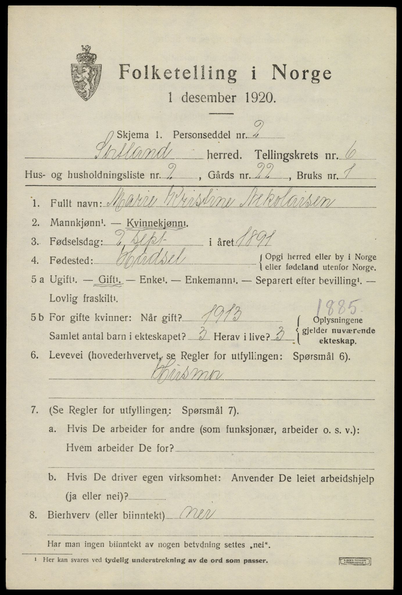 SAT, 1920 census for Sortland, 1920, p. 6230