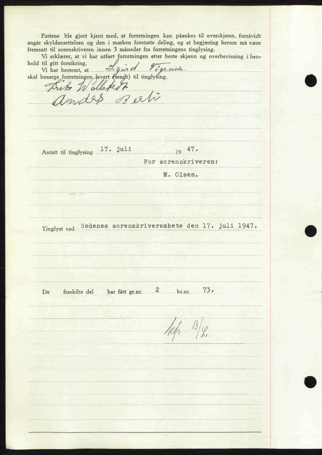 Nedenes sorenskriveri, AV/SAK-1221-0006/G/Gb/Gba/L0057: Mortgage book no. A9, 1947-1947, Diary no: : 1001/1947